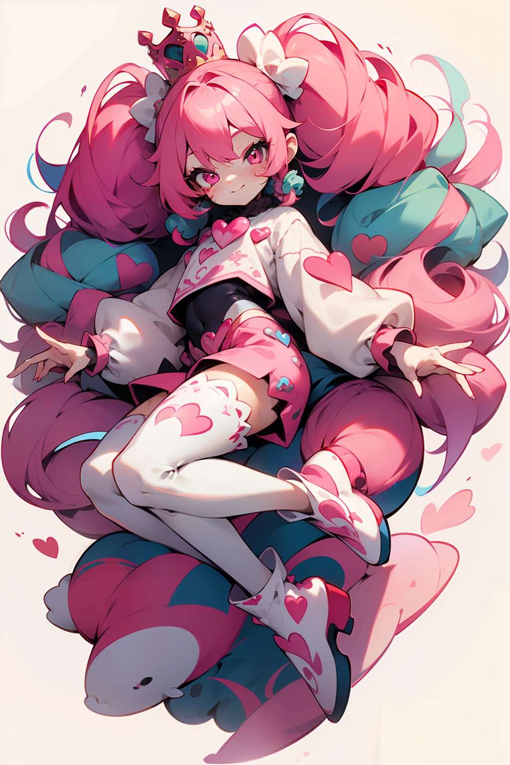 crazy cloud haired girl, pink hair, full body picture, pink eyes, heart shaped pupils, insane smile, blood splatter, 1GIRL, insane girl in long pink hair, crown, princess bubblegum style, finely detailed, (best quality), (intricate details), cute style, li, jester style, multicolored, ((long pink messiest hair in pigtails)), best quality, ((long sleeve shirt and shorts)), ((red and white clothes)), ((jester style clothes)), ((thigh high socks)), ((round eyes)), ((has jester makeup)), beautiful face, happy, cute face, pinup, perfect face, simple background portrait, clowh hear cards, bubble gums