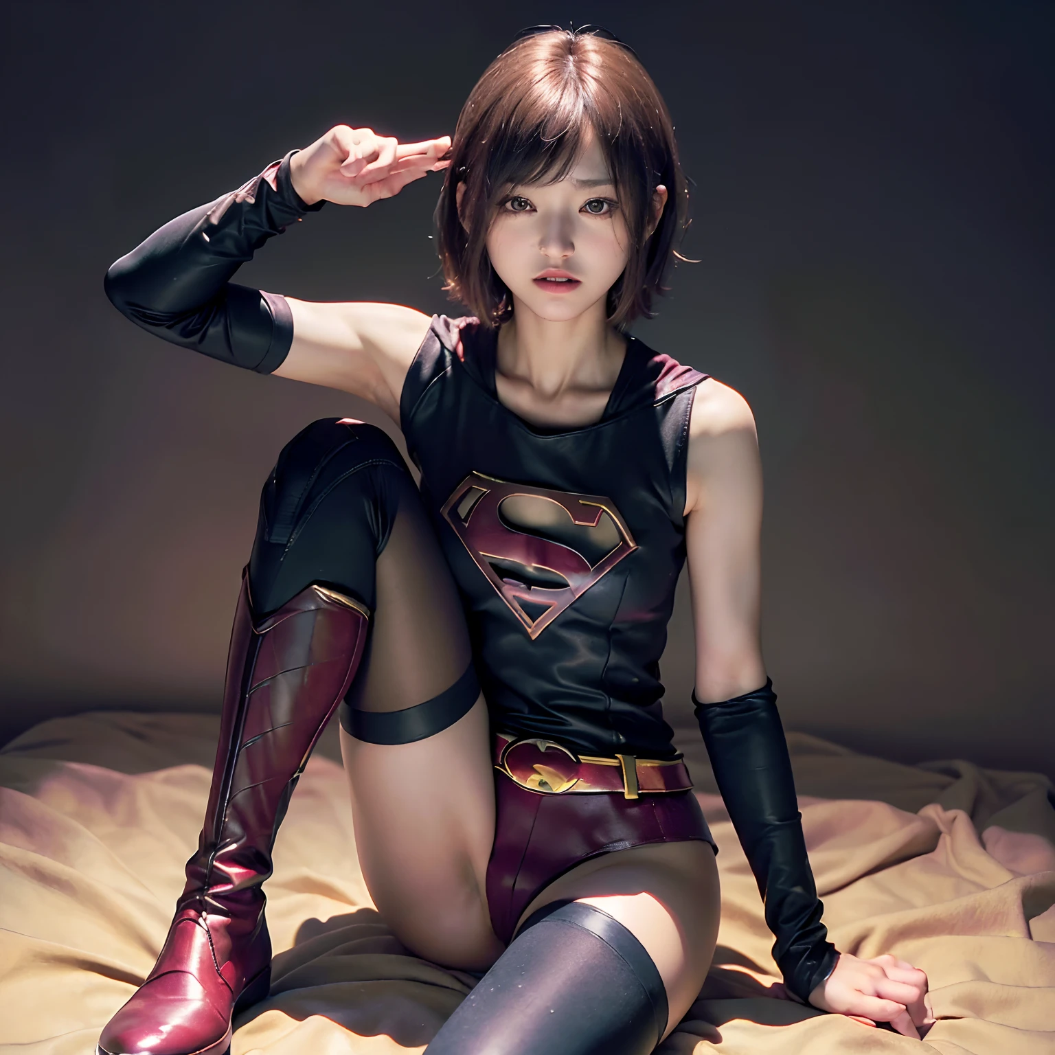 Beautiful girl fighting、japanes、Cute Beautiful Girl、(((Wear black tights on your beautiful legs.)))、(((beauty legs)))、(((Open thighs)))、((((Make the most of the original image)))、(((Supergirl Costume)))、(((Beautiful hair with short cuts)))、(((Injured)))、(((Be sure to wear black tights on your feet)))、(((You need to wear red boots)))、((Top image quality、8K))、((top-quality、8K、​masterpiece:1.3))、(((Keep your background simple)))、Crisp focus:1.2、Beautiful woman with perfect body shape:1.4、Slender Abs:1.2、a wet body:1.5、Highly detailed facial and skin texture、8K、Keep your background simple, Medium breast, bare nipples, show between the thighs