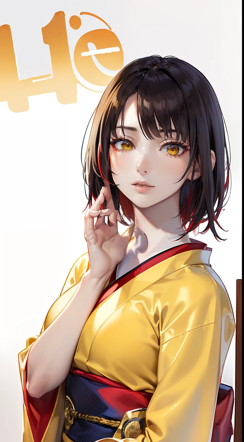 (top-quality, 8K, 32K, masterpiece, nffsw:1.2), (Raw photography), (realisitic), (Photorealsitic:1.2), (hight resolution), ultra-detailliert, extremely beautiful face and eyes, 1girl in, round small face,(((shorth hair)))、 (((short-hair)))、big breasts thin waist、(((yellow kimono)))、(((Short hair)))、((Yellow and red kimono))、(((White wall background)))、(bustshot)、(((Black hair)))、(((She wears a yellow and red kimono)))、(((I have dark hair)))、(a closeup、top-quality、high detailing、rich skin detail、nffsw)、(Best Quality, 8K, Oil Painting, masutepiece:1.2), Ultra-detailed, (Realistic, Photorealistic:1.37), (((Clothes with red design)))、(((Vibrant colors))), (((Facing the front)))、(((Sexy atmosphere)))、(((a 20 yo woman)))、(((short-hair)))、(((White background))), (((Girly Hairstyles)))、(((short-hair)))、(((In front of a white wall)))、(((A dark-haired)))、(((I'm sleeping with my eyes closed)))、(((Sleeping Suyasuya)))、(((I'm touching my cheek with my hand)))