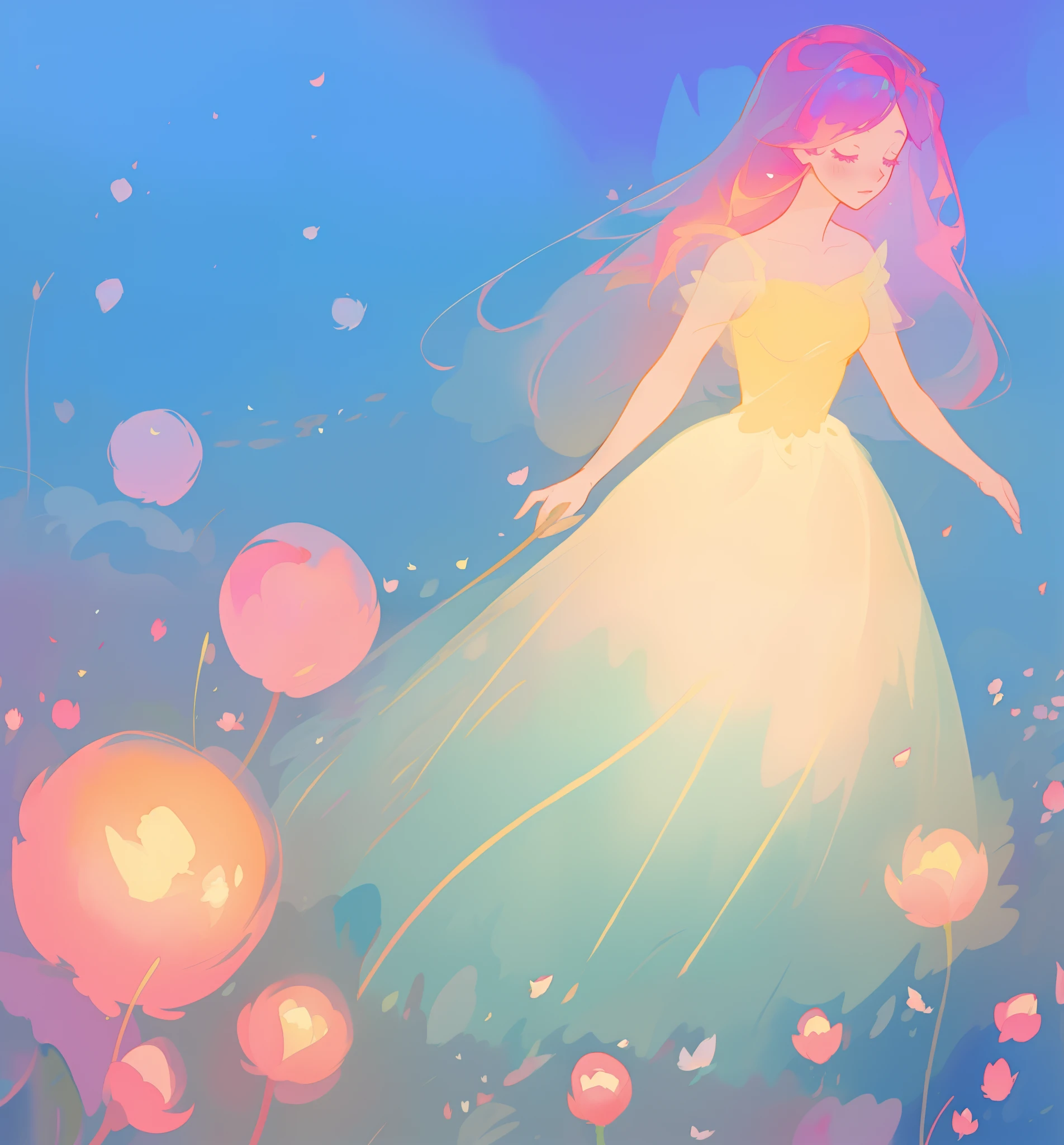 beautiful girl in puffy gradient ballgown, a field with round puffball pink flowers, otherworldly flowers, whimsical landscape, long pink flowing hair, watercolor illustration, inspired by Glen Keane, inspired by Lois van Baarle, disney art style, by Lois van Baarle, by Glen Keane, jen bartel, digital painting, beautiful digital illustration, fantasia otherworldly landscape plants flowers, beautiful, masterpiece, best quality, anime disney style