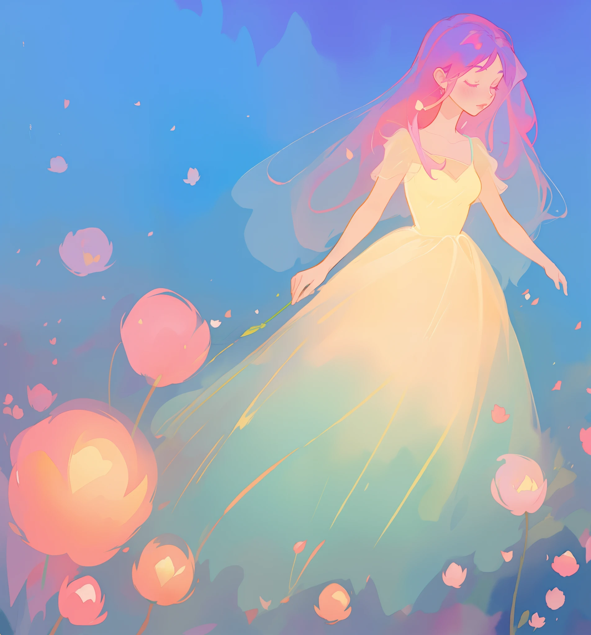 beautiful girl in puffy gradient ballgown, a field with round puffball pink flowers, otherworldly flowers, whimsical landscape, long pink flowing hair, watercolor illustration, inspired by Glen Keane, inspired by Lois van Baarle, disney art style, by Lois van Baarle, by Glen Keane, jen bartel, digital painting, beautiful digital illustration, fantasia otherworldly landscape plants flowers, beautiful, masterpiece, best quality, anime disney style