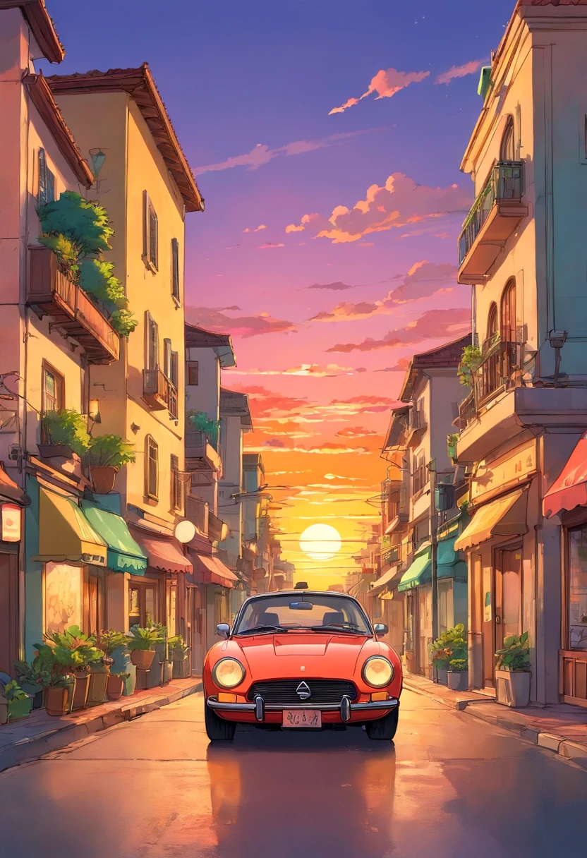 sticker design, JDM classic cars, Sunset background, palmeiras, 5 layers of color, Street corner drifting, Belek drums, Presin