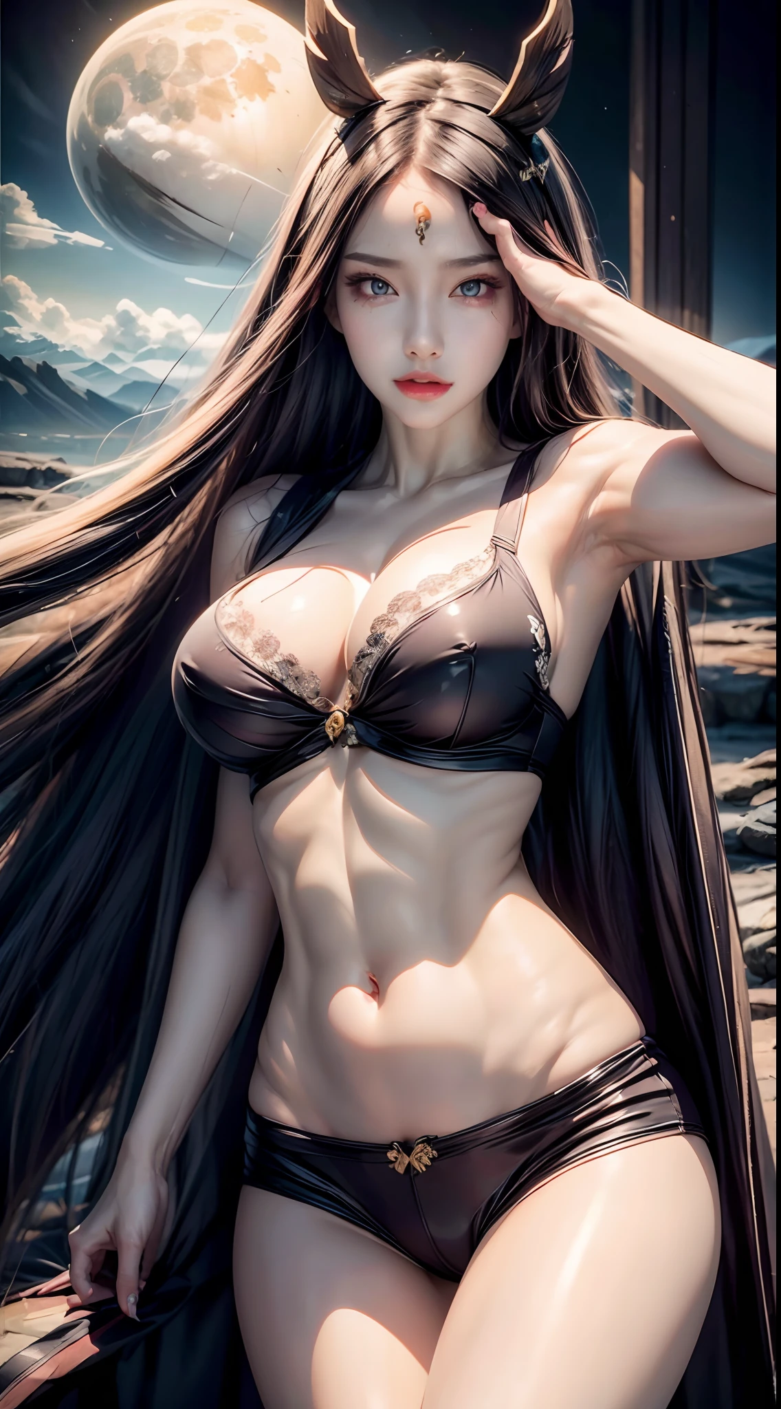 realistic, 1female, big hard round breasts, cleavage, round ass moon thighs, 12k, HD, slim body, slim, long jet black hair, detailed body, detailed eyes, detailed hair, detailed face detailed lips, detailed breasts, long hair, sexy body, wearing a black bra, shorts, full body