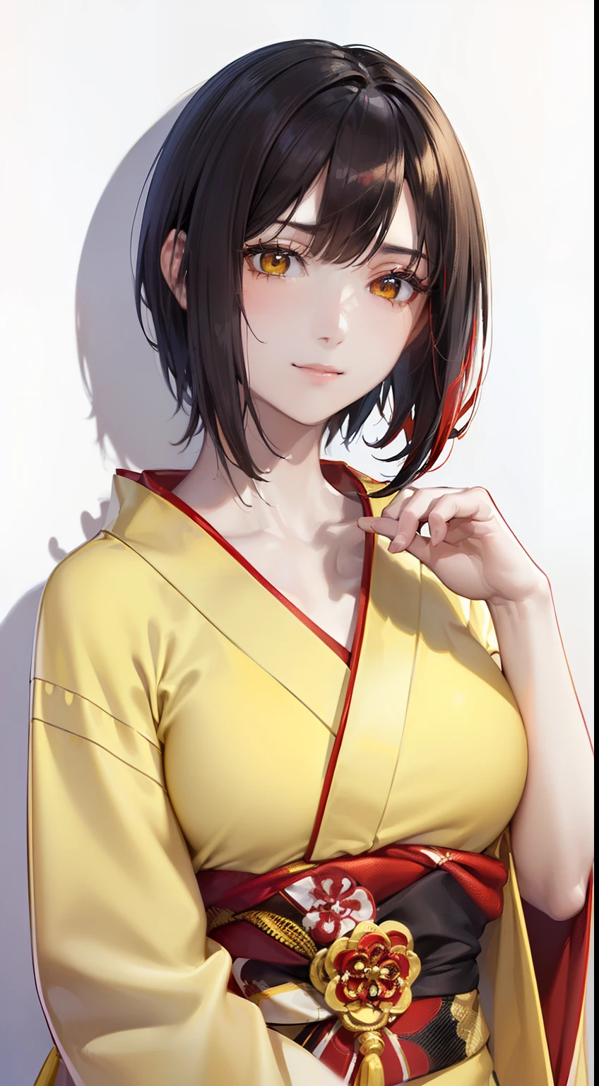 (top-quality, 8K, 32K, ​masterpiece, nffsw:1.2), (Raw photography), (realisitic), (Photorealsitic:1.2), (hight resolution), ultra-detailliert, extremely beautiful face and eyes, 1girl in, round small face,(((shorth hair)))、 (((short-hair)))、big breasts thin waist、(((yellow kimono)))、(((Short hair)))、((Yellow and red kimono))、(((White wall background)))、(bustshot)、(((Black hair)))、(((She wears a yellow and red kimono)))、(((I have dark hair)))、(a closeup、top-quality、high detailing、rich skin detail、nffsw)、(Best Quality, 8K, Oil Painting, masutepiece:1.2), Ultra-detailed, (Realistic, Photorealistic:1.37), (((Clothes with red design)))、(((Vibrant colors))), (((Facing the front)))、(((Sexy atmosphere)))、(((a 20 yo woman)))、(((short-hair)))、(((White background))), (((Girly Hairstyles)))、(((short-hair)))、(((In front of a white wall)))、(((A dark-haired)))、(((Sleeping with closed eyes)))、(((Sleeping Suyasuya)))、(((I'm touching my cheek with my hand)))、a smile、Thumb Up、Thumbs up
