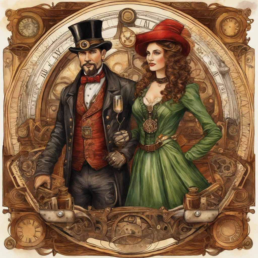 isolated watercolor illustration on a white background with margin, high detail, bright colors, red, green, shades of brown, gold, warm color tones, a beautiful black couple with Christmas hats