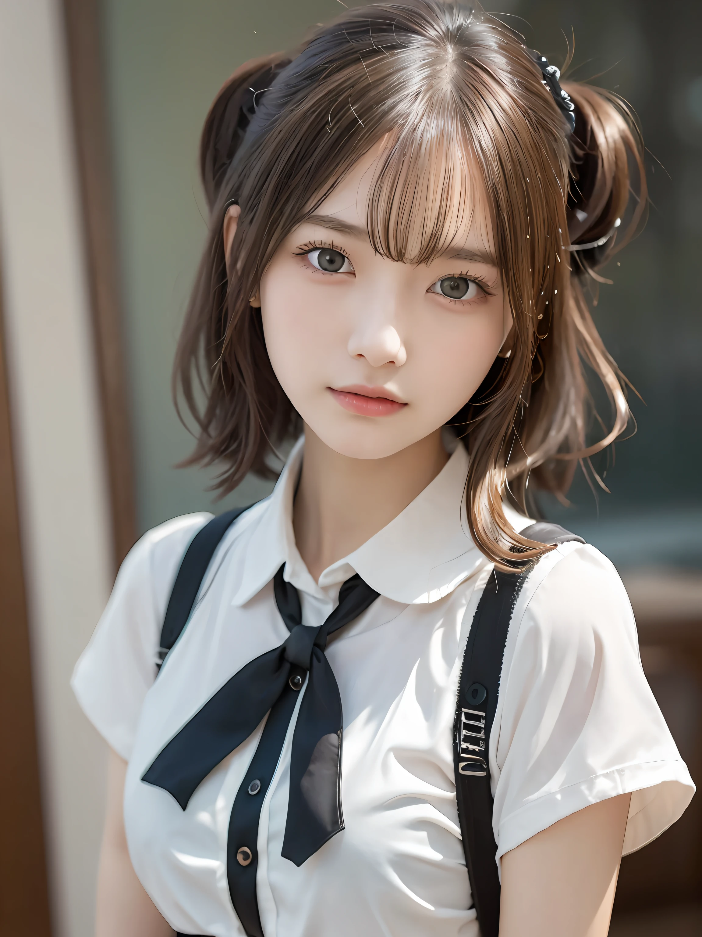 ((top-quality、(NSFW、((cammel toe))、top-quality、masterpiece、超A high resolution、8K、top-quality、Drawn details)、(full body photographed、to stand)、(tilt your head)、shot from a side angle、17-year-old high school girl、Super beautiful shape、Dark blue blazer uniform、darkblue miniskirt、white shirt、Ribbon Ties、Black Haired Beautiful Girl、black hair shorthair、Secure your hair with white hairpins、Show ears、