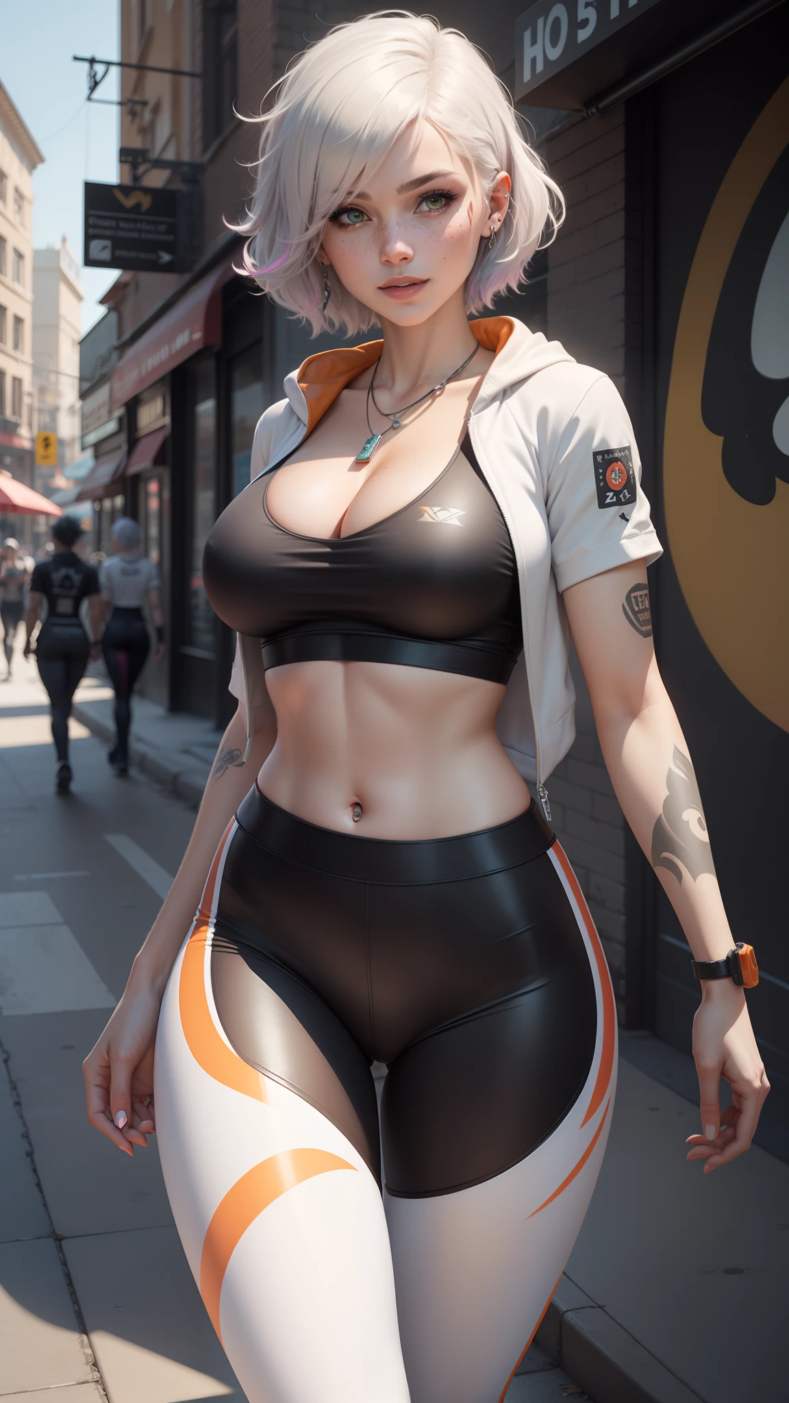 gwen tennyson,tracer,y'shtola rhul,yorha 2b,overwatch,nier automata,mecha pilot,shopping street,tattoos,white and pink plugsuit,white short sleeve lycra top,orange cargo leggings,uncovered belly,short hair,punk makeup,green eyes,multicolored silver hair,sexy smile,freckles,beautiful girl,large breasts,8k,ultra detailed,realistic,fantasy art,punk girl,ear piercings,metal band uniform,track suit,short sleeve sport hoodie,graffiti wall art,walking,chain necklace,sport purse,