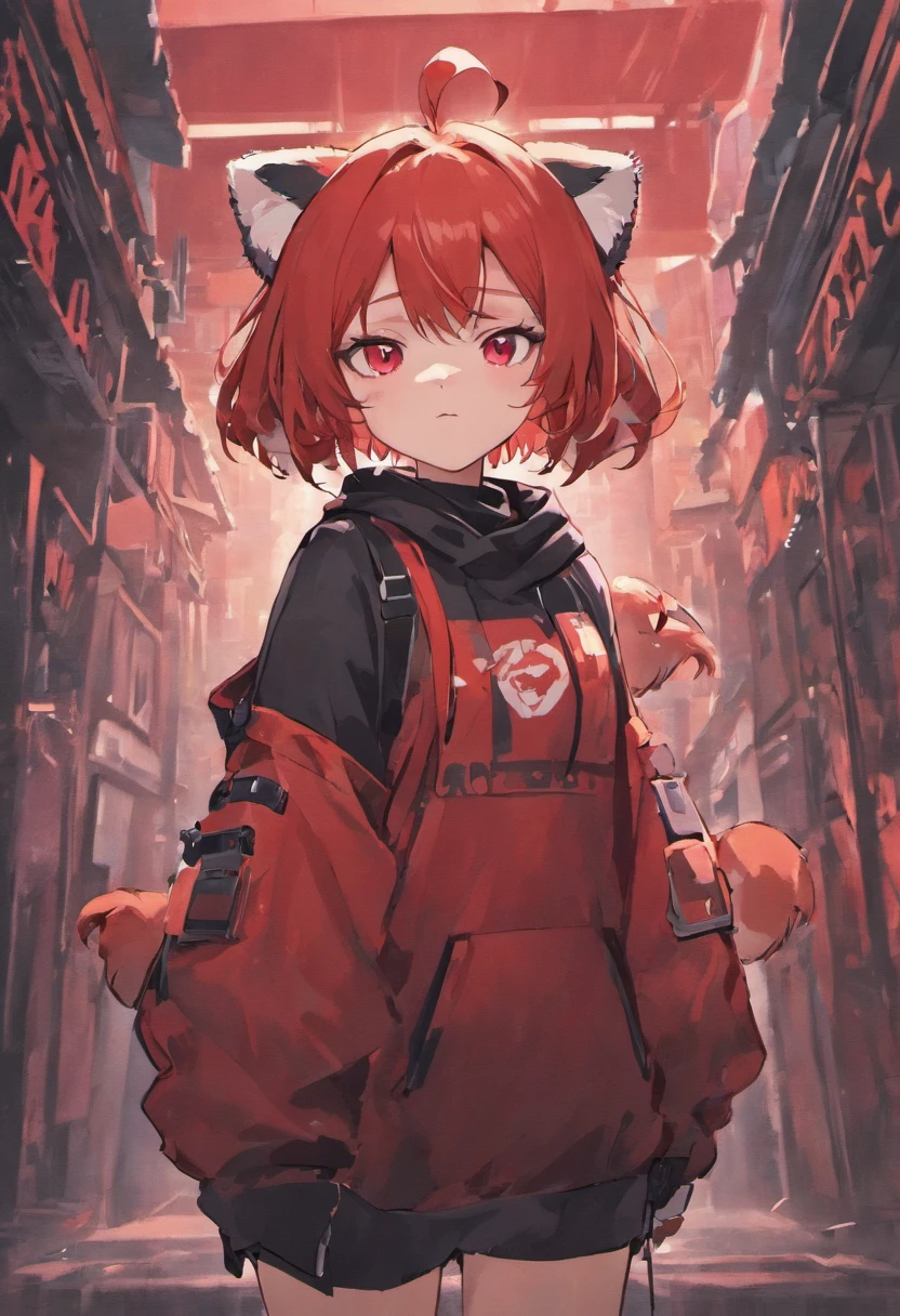Red-haired, Red Eyes, bobbed hair, 1Girl, Holding Redpanda, Techwear Outfit, style of anime