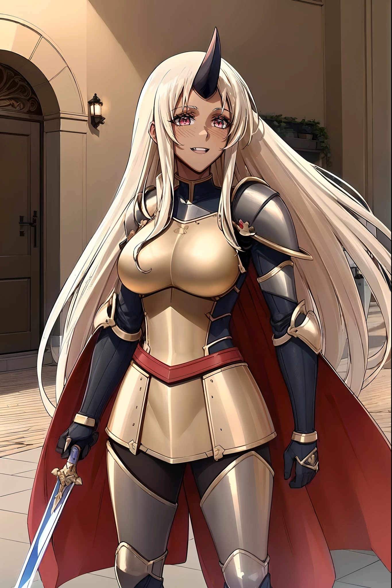 (best quality,4k,8k,highres,masterpiece:1.2),ultra-detailed,(1.37),single horn,very long hair,tall female,red eyes,dark skinned female,standing,armor,boots,sword holding,joyful,big smile,full armor,illustration,portrait,rich colors,warm tones,soft lighting