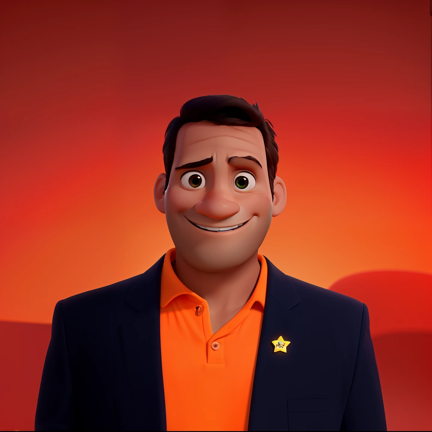 Um homem sorrindo estilo pixar, em alta qualidade, melhor qualidade, em um fundo laranja
