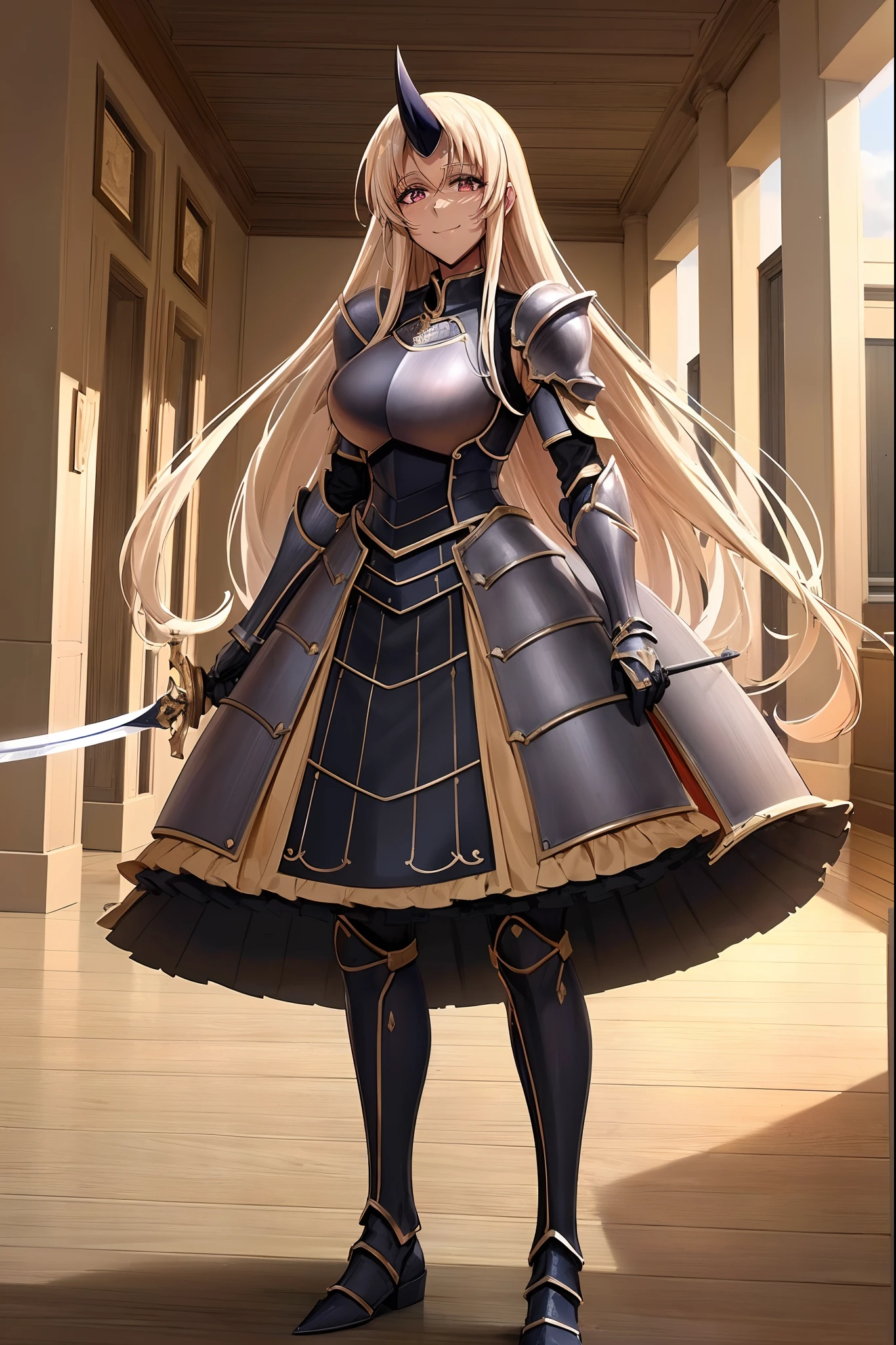 (best quality,4k,8k,highres,masterpiece:1.2),ultra-detailed,(1.37),single horn,very long hair,tall female,red eyes,dark skinned female,standing,armor,boots,sword holding,joyful,big smile,full armor,illustration,portrait,rich colors,warm tones,soft lighting