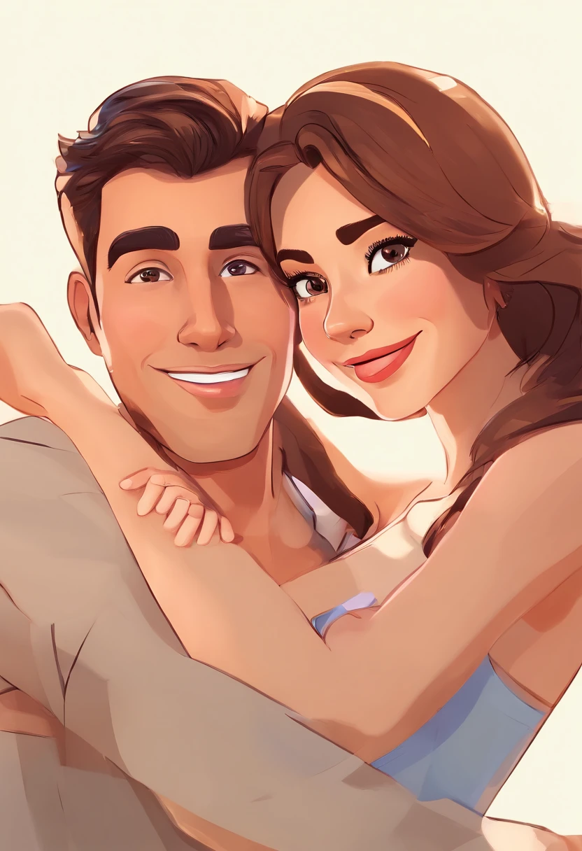 An illustration of an adorable couple, Highlighting a man and a woman with beautiful expressive eyes – the man's skin is white and the man's hair is straight and black of medium size, The woman's skin is white and the hair is straight, Medium size and brown. They are a bright room, cada um com um sorriso no rosto, e compartilhar um momento especial caracterizado pelo amor, Insights. Illustrate this scene from a perspective where they are facing the camera, Smiling and Showing Your Connection. Desenvolva esta arte em Full HD, Focus on your cinematic touch, Estilo Disney Pixar Animations