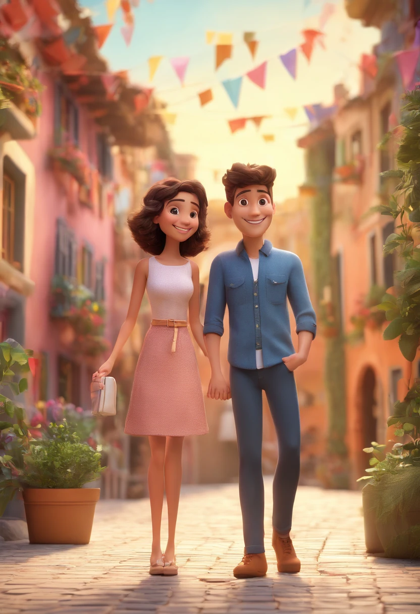 An illustration of an adorable couple, Highlighting a man and a woman with beautiful expressive eyes – the man's skin is white and the man's hair is straight and black of medium size, The woman's skin is white and the hair is straight, Medium size and brown. They are a bright room, cada um com um sorriso no rosto, e compartilhar um momento especial caracterizado pelo amor, Insights. Illustrate this scene from a perspective where they are facing the camera, Smiling and Showing Your Connection. Desenvolva esta arte em Full HD, Focus on your cinematic touch, Estilo Disney Pixar Animations