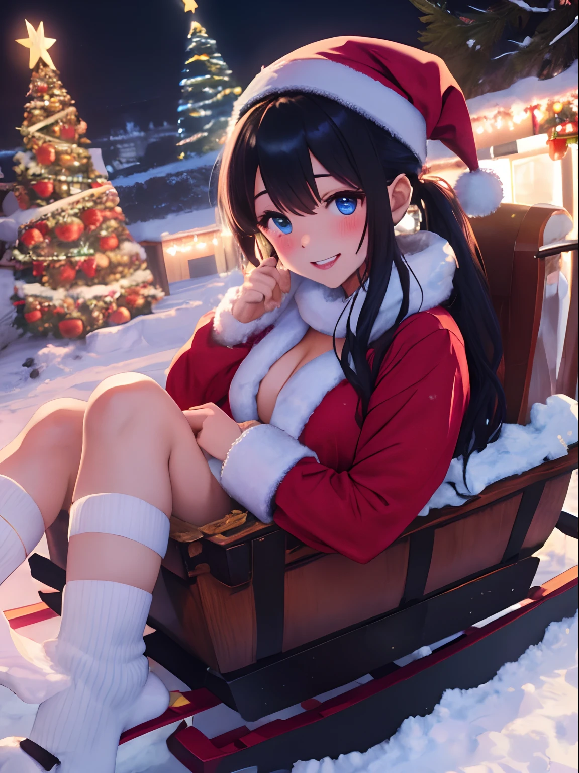 In the snowy city in winter,Voluminous and fluffy Santa costume,Wrap the main unit with a ribbon,Loose socks,Christmas tree,Beautiful and fantastic night view,navy hair,Light blue eyes,Reindeer and sleigh,Ecstasy on a sleigh,There are many gifts and ornaments around,AHE Face,red tide,Put your fingers inside your underwear and pull them to the side,White liquid on the body and face,Smokexxx,Gentle smile,I'm glad to drool,