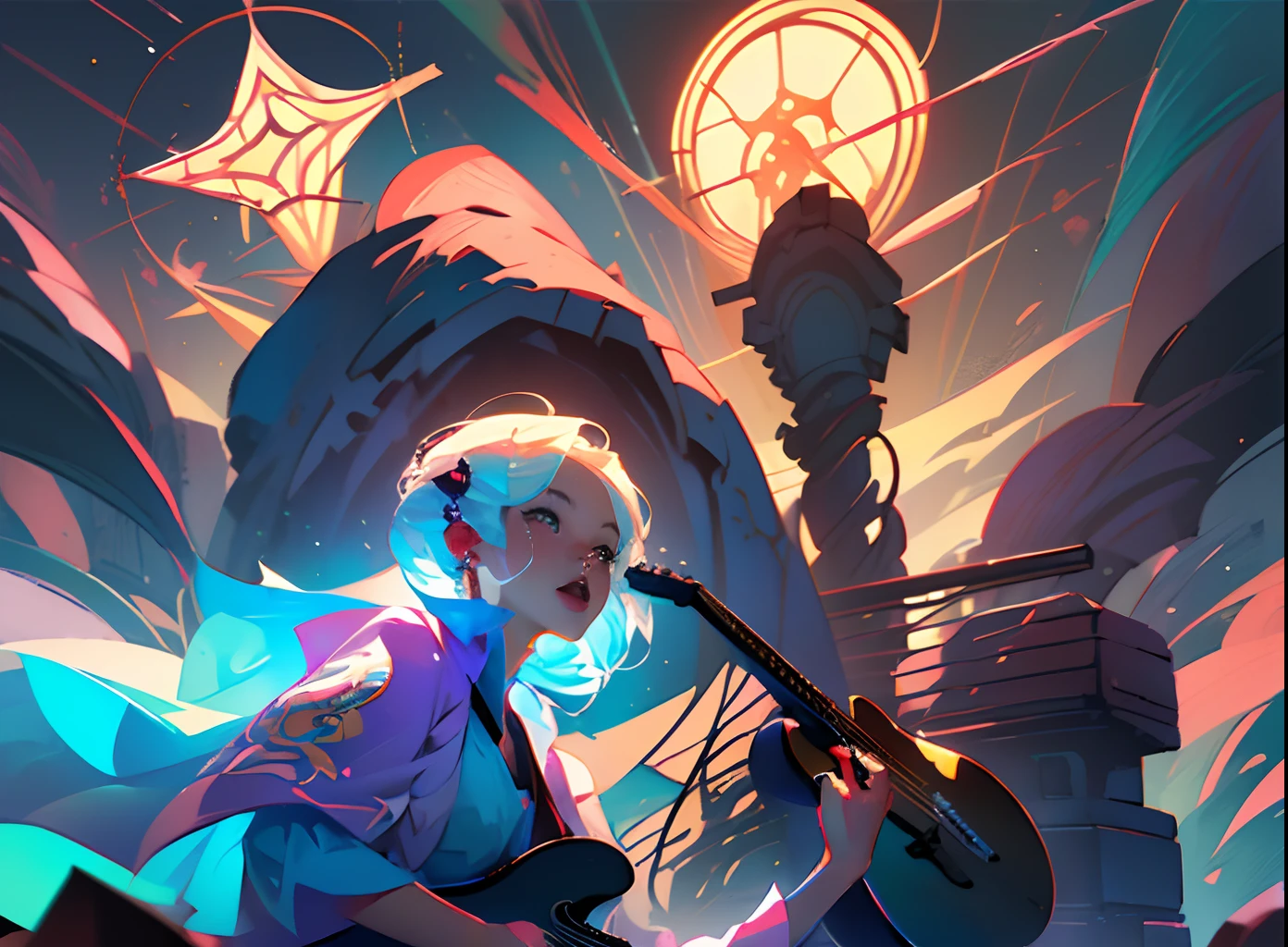 (vibrant colors, super colors, digital drawing style: 1.1), (pleasant atmosphere, fun: 1.1, fun, exciting), holding a guitar, (diffuse lighting), (rock concert, big show), (anime style: 1.1, hand-drawn, super detailed), (symmetry), (no anomalies) --auto --s2