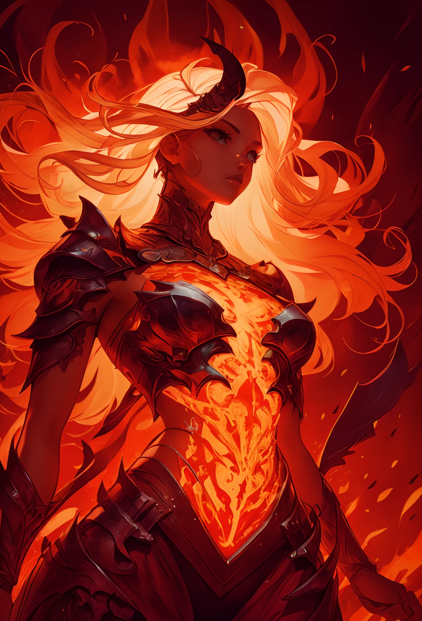 (Detailed illustrations,Very detailed and detailed drawing,Delicate lines with slow and rapid,Realistic texture expression),[Color tressed main line],[Lava cave background [Hot hell:0.4]],HENAI ANIME (Red-skinned DemonGirl 19 years old slender muscular) Flame hair (Devil's Knight:0.8),(Bone armor [crack in the chest:0.6] [Blade of Fresh Blood:0.4]) (edg),[[Dark Fantasy]],(Intricate and beautiful decoration [Dense detail]),(Fine and beautiful skin expression [Transparency]),[Perfect eye details (Iris beautifully drawn in every detail)[Jewel-like eyes]],[long and beautiful eyelashes],[Meticulously drawn hair [More on beautiful and shiny hair]],(Perfect hand details [Beautiful fingers without breakdowns [Beautiful nails]]),(Perfect Anatomy (Perfectly proportioned)) [[Full body like]],[Ideal color coordination(Accurate simulation of light-material interactions)],(HighQuality,[Precision Detail] hight resolution,(detaileds,high-detail)),[Visual art that conveys a sense of narrative].