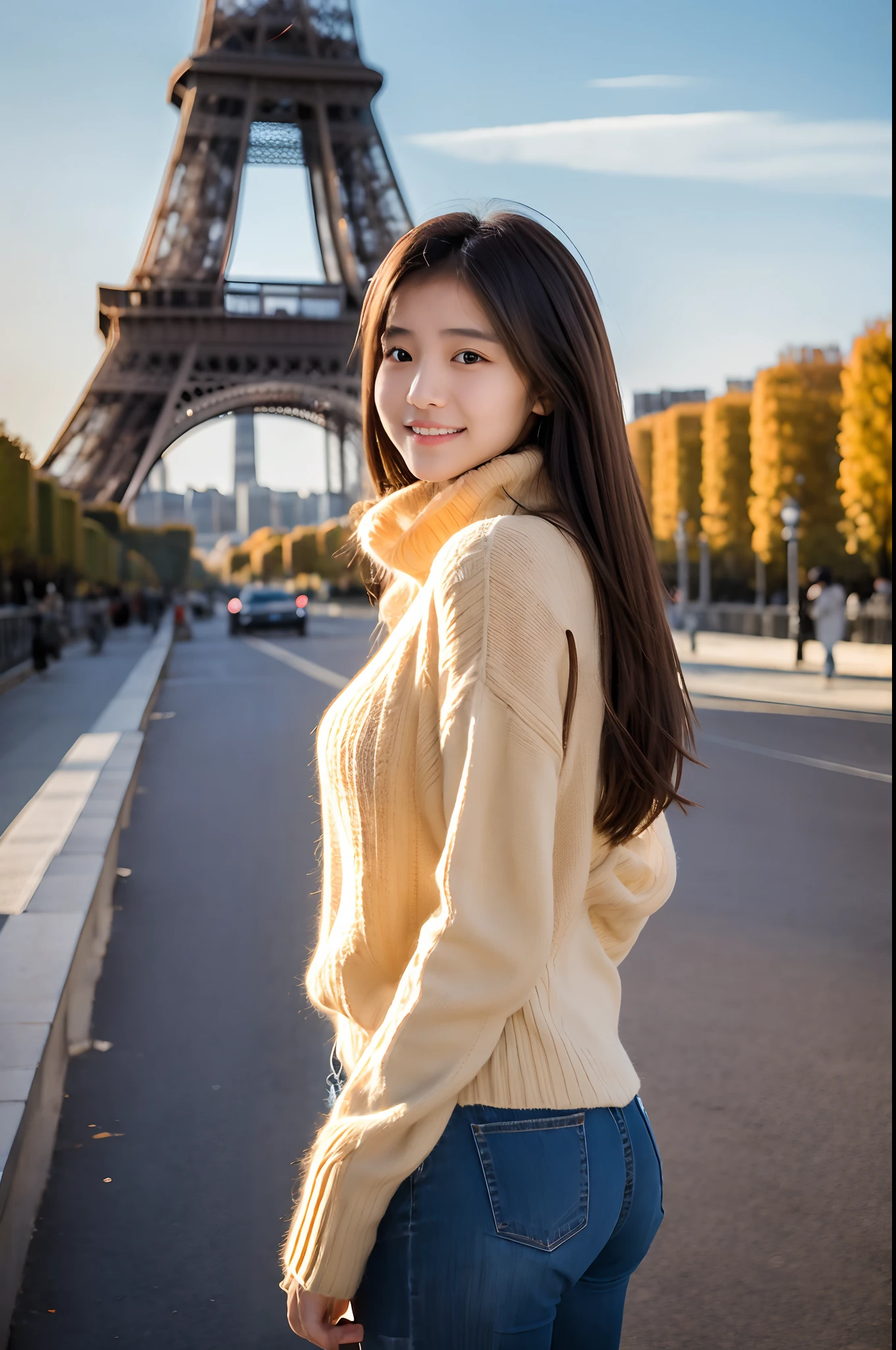 Chinese girl in a sweater and jeans standing in front of the Eiffel Tower, In front of the Eiffel Tower, with eiffel view, cute young woman, wearing sweater, wear a  turtleneck, wearing sweater, in paris,