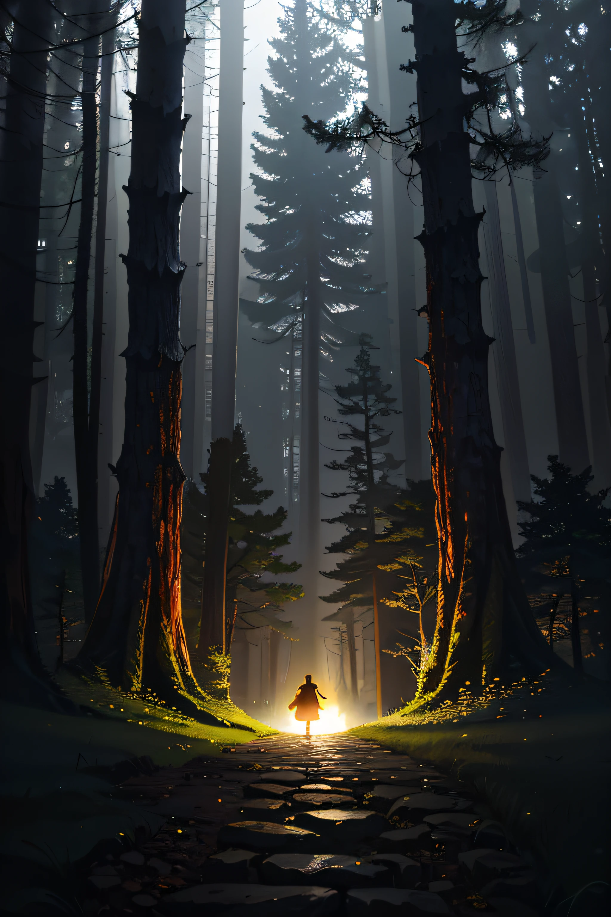 A man walks through the forest,There is the image of Arafad shining on them, inspired by Jakub Schikaneder, inspired by Andreas Rocha, Inspired by Christopher Balaskas, author:Christopher Balaskas, standing in a dark forest, Girl walking in dark forest, forest soul, andreas rocha style, Ati Guéran 8 K trees are a little smaller