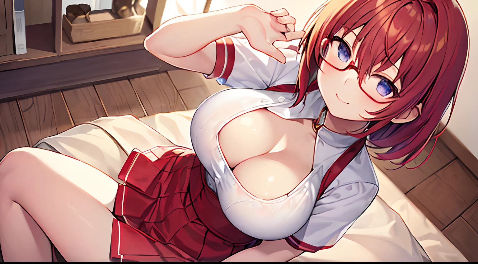 masterpiece、top-quality、1 girl in、red hairs、large full breasts、shortsleeves、cleavage of the breast、short-hair、eye glasses、anime styled、High School Uniforms、high quality fingers、lightsmile、The upper part of the body 、Get down on one knee、Skirt Fold、Fluffy clothes、portlate