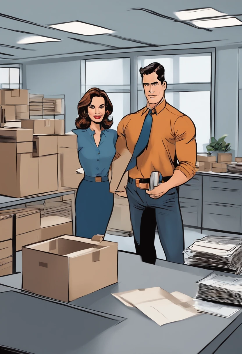 Cartoon character showing Lois and Clark in office with boxes, como se estivessem se mudando para um novo lugar. You can use light colors and details to show the scenery