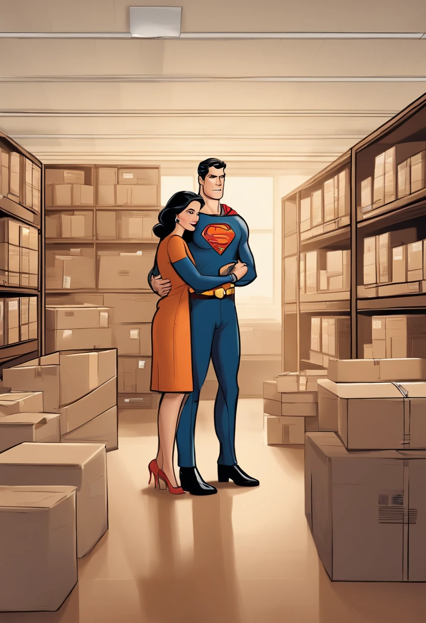 Cartoon character showing Lois and Clark in office with boxes, como se estivessem se mudando para um novo lugar. You can use light colors and details to show the scenery