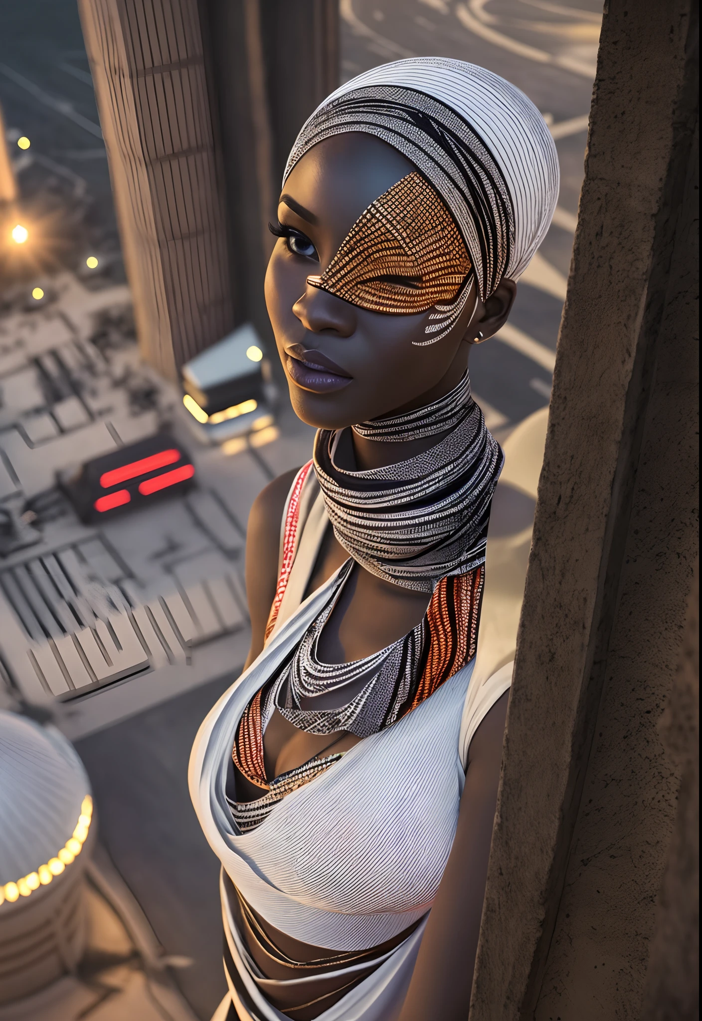 Aerial view angle shot of an AFRICAN woman dressed in african designed clothes, white spotlight shining on her, walks on a very dark path in between human shadows, human shadows trying to grab her but fail to reach her, surrealism art, fantasy art, red and white layers of colour in the background, giving a grey and white colour grading in the scene, colour grading reminiscent of interstellar movie by Christopher Nolan, night time with the moon close right next to them shining, surreal image, Epic cinematic lighting, artgerm style, 32k, ultra HD, unreal engine rendered, hyper-realistic image, --auto --s2