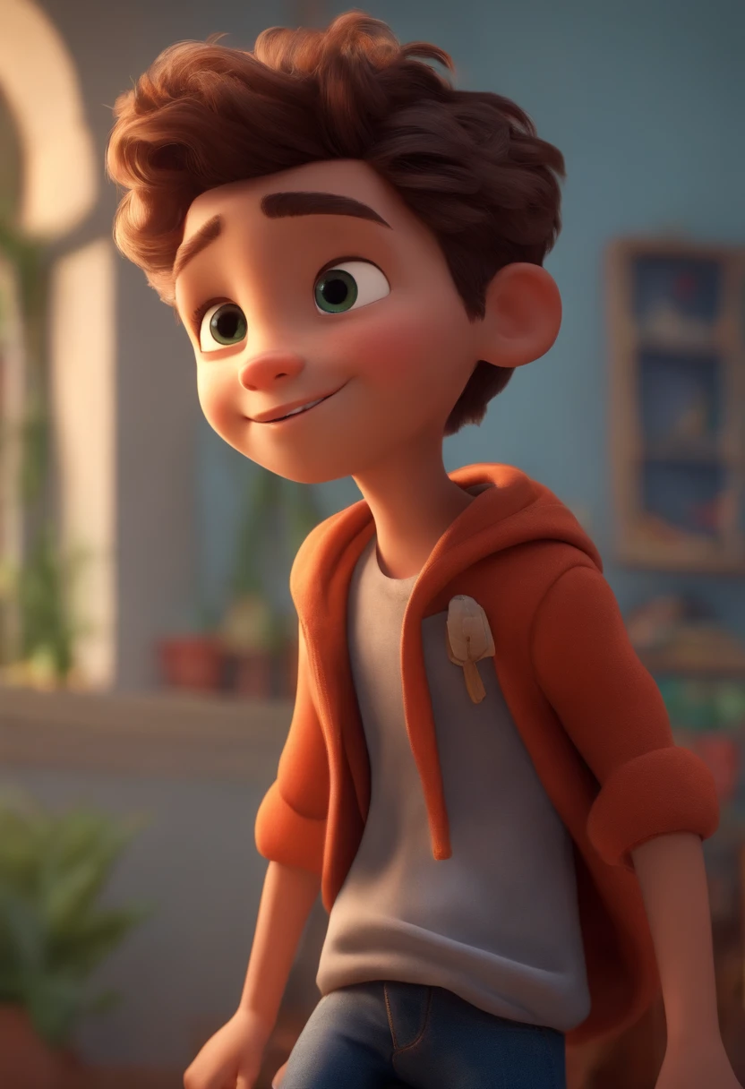 Image of a boy for a story in a YouTube video in Pixar format, He's the  allabester, He's the class leader, He's outgoing, Playful and gets up for a lot of things, cabelo curto