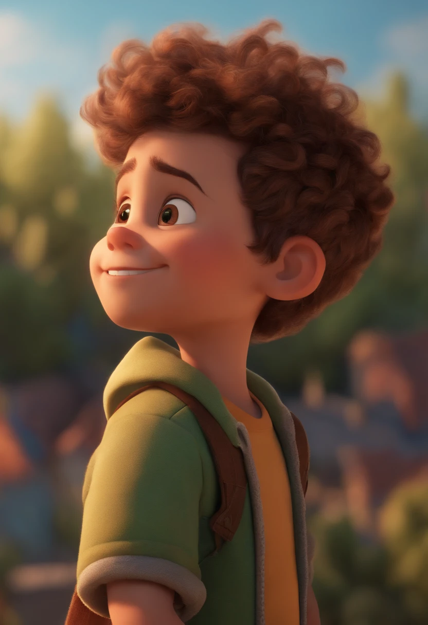 Image of a boy for a story in a YouTube video in Pixar format, He's the allabester, He's the class leader, He's outgoing, Playful and gets up for a lot of things, cabelo curto
