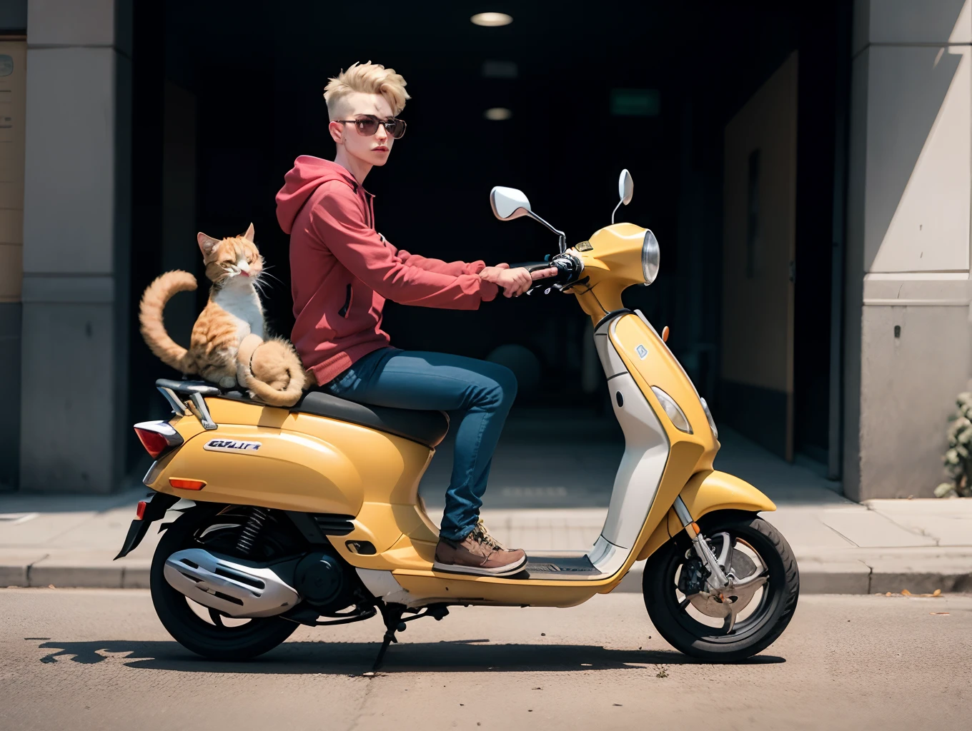 Trans man with blonde hair wearing neon clothes on a scooter. He has two cats on his shoulders one is a Siamese kitten with no tail, the other is a tortoiseshell cat.