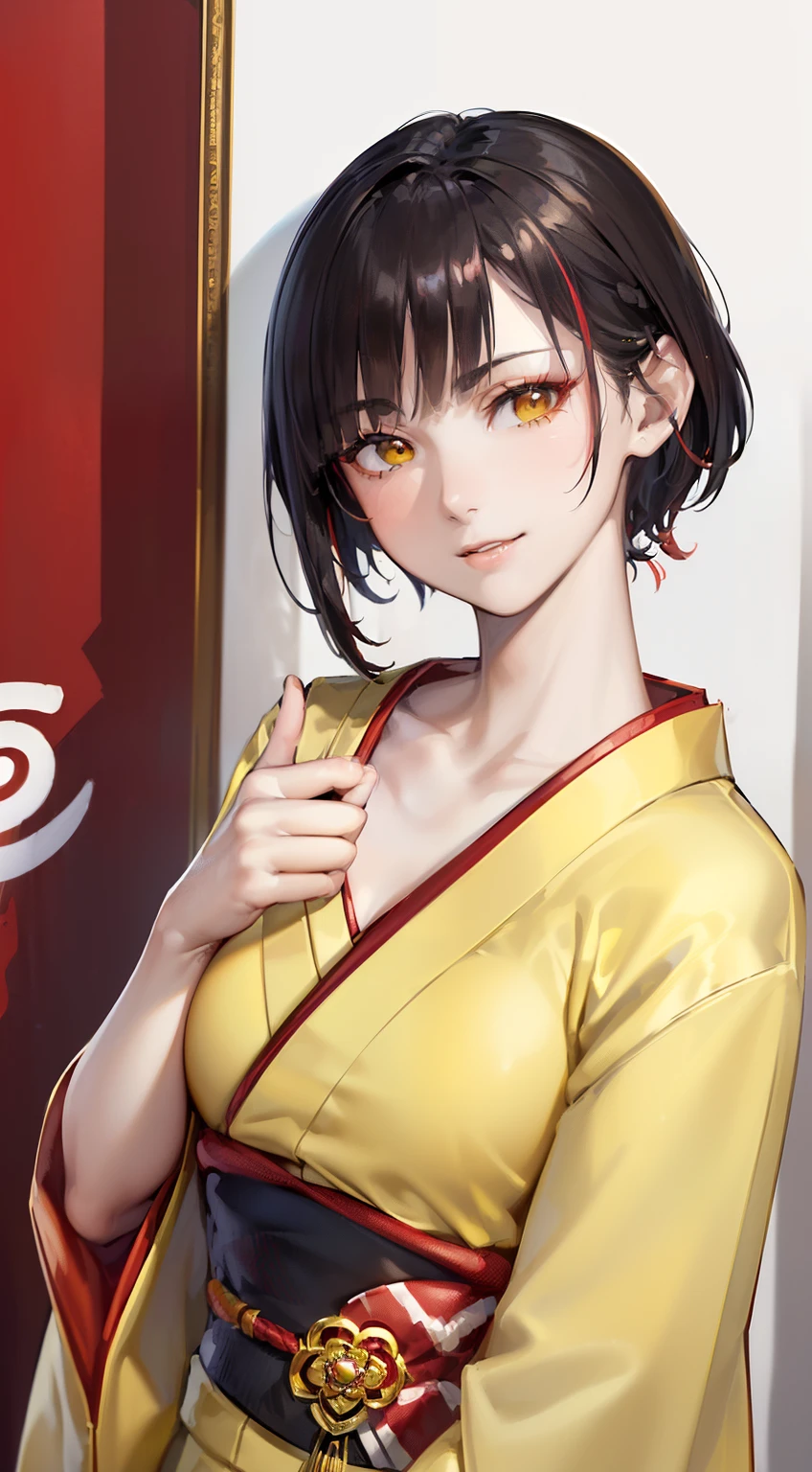 (top-quality, 8K, 32K, masterpiece, nffsw:1.2), (Raw photography), (realisitic), (Photorealsitic:1.2), (hight resolution), ultra-detailliert, extremely beautiful face and eyes, 1girl in, round small face,(((shorth hair)))、 (((short-hair)))、big breasts thin waist、(((yellow kimono)))、(((Short hair)))、((Yellow and red kimono))、(((White wall background)))、(bustshot)、(((Black hair)))、(((She wears a yellow and red kimono)))、(((I have dark hair)))、(a closeup、top-quality、high detailing、rich skin detail、nffsw)、(Best Quality, 8K, Oil Painting, masutepiece:1.2), Ultra-detailed, (Realistic, Photorealistic:1.37), (((Clothes with red design)))、(((Vibrant colors))), (((Facing the front)))、(((Sexy atmosphere)))、(((a 20 yo woman)))、(((short-hair)))、(((White background))), (((Thumbs up)))、(((Girly Hairstyles)))、(((short-hair)))、(((In front of a white wall)))、(((A dark-haired)))、(((Thumbing up)))、(((Smiled face)))、(((I am holding my mouth with my hand)))、(((Bullish smile)))、(((Triumphant look)))