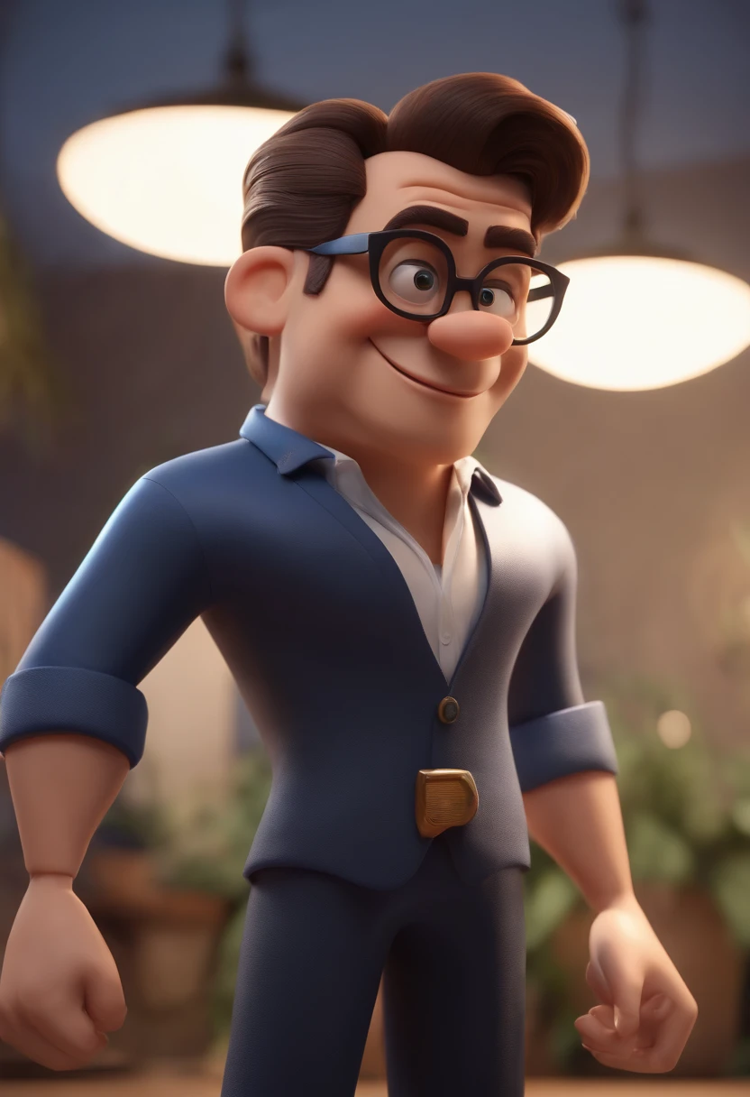 Cartoon character of a man wearing black glasses and a blue shirt, um personagem animado, Caractere estilizado, animation style rendering, 3D estilizado, Arnold Maya render, 3 d render stylized, toon render keyshot, Personagem 3D, Personagem 3D, 3d rendering stylized, 3 d character render, personagem de desenho animado, Personagem de close up, Pose de personagem, (Estilo Pixar) (master part:1.2) (Bokeh) (best quality) (pele detalhada) (textura detalhada) (8k) (argila) (Cinematic lighting) (foco nítido,Senta e vaza a parte superior do corpo