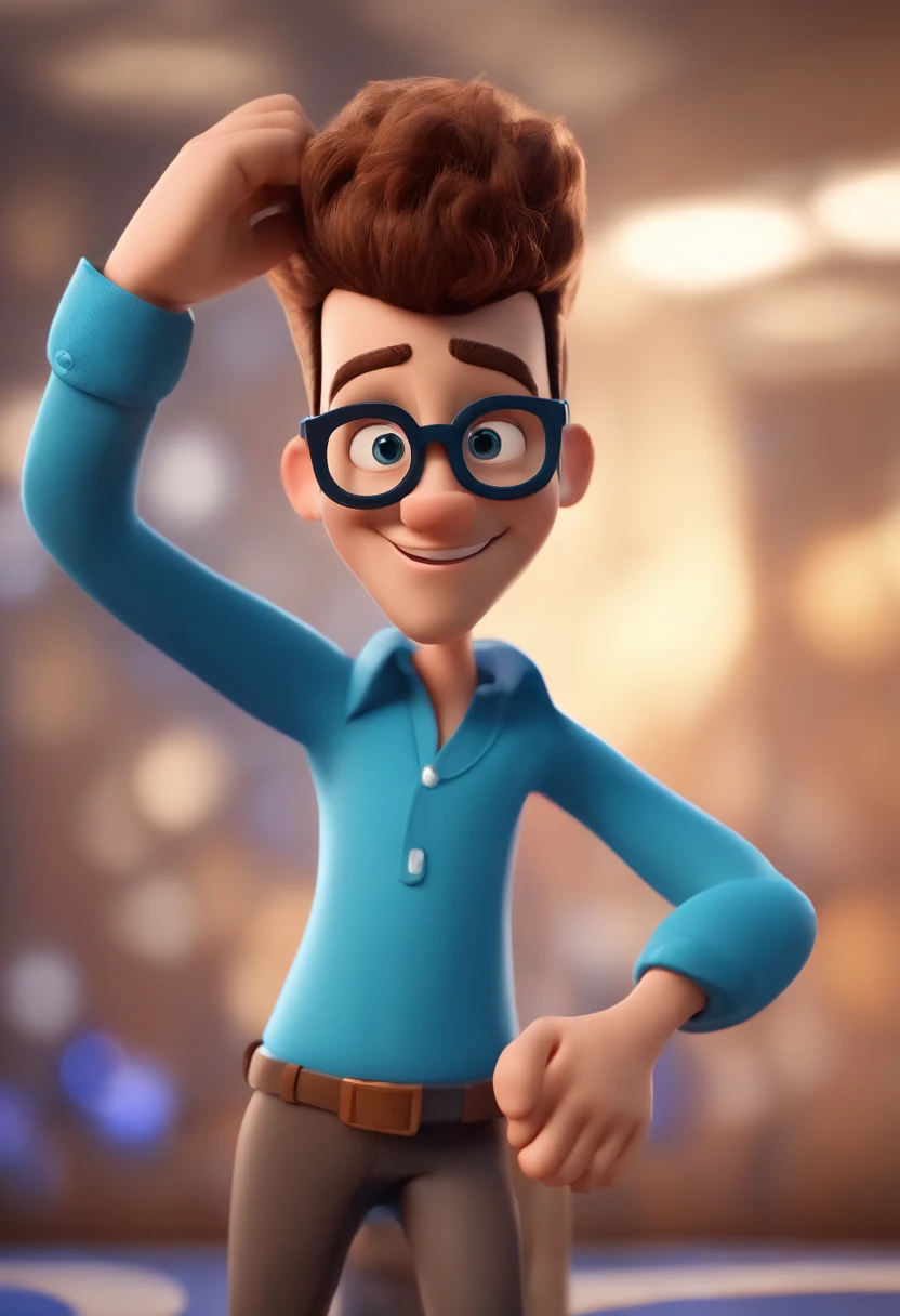 Cartoon character of a man wearing black glasses and a blue shirt, um personagem animado, Caractere estilizado, animation style rendering, 3D estilizado, Arnold Maya render, 3 d render stylized, toon render keyshot, Personagem 3D, Personagem 3D, 3d rendering stylized, 3 d character render, personagem de desenho animado, Personagem de close up, Pose de personagem, (Estilo Pixar) (master part:1.2) (Bokeh) (best quality) (pele detalhada) (textura detalhada) (8k) (argila) (Cinematic lighting) (foco nítido,Senta e vaza a parte superior do corpo
