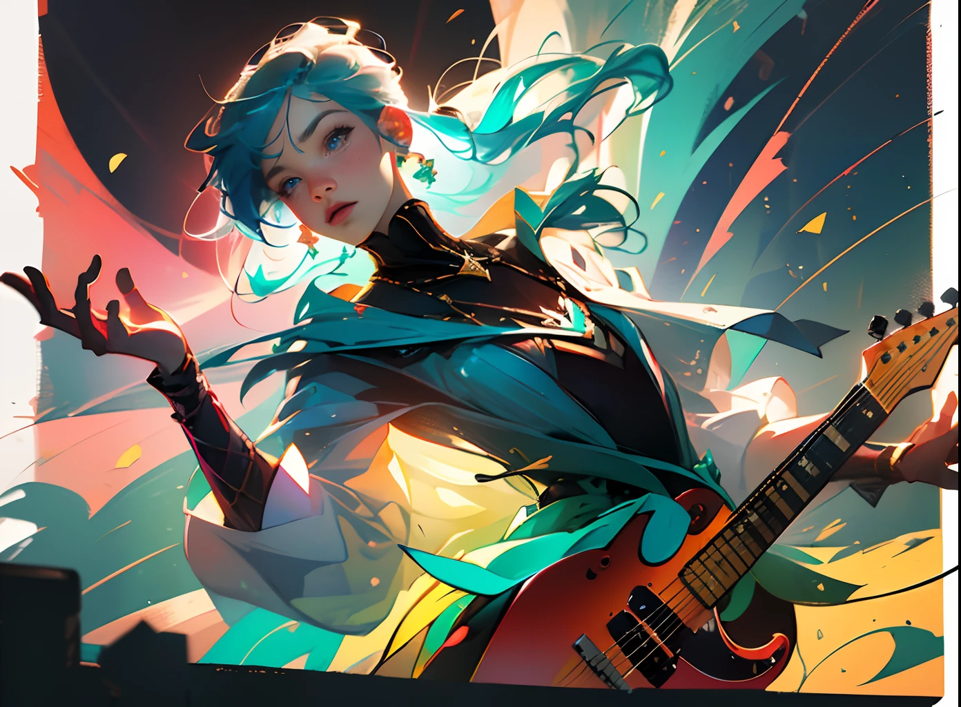 (vibrant colors, super colors, digital drawing style: 1.1), (pleasant atmosphere, fun: 1.1, fun, exciting), holding a guitar, (diffuse lighting), (rock concert, big show), (anime style: 1.1, hand-drawn, super detailed), (symmetry), (no anomalies) --auto --s2