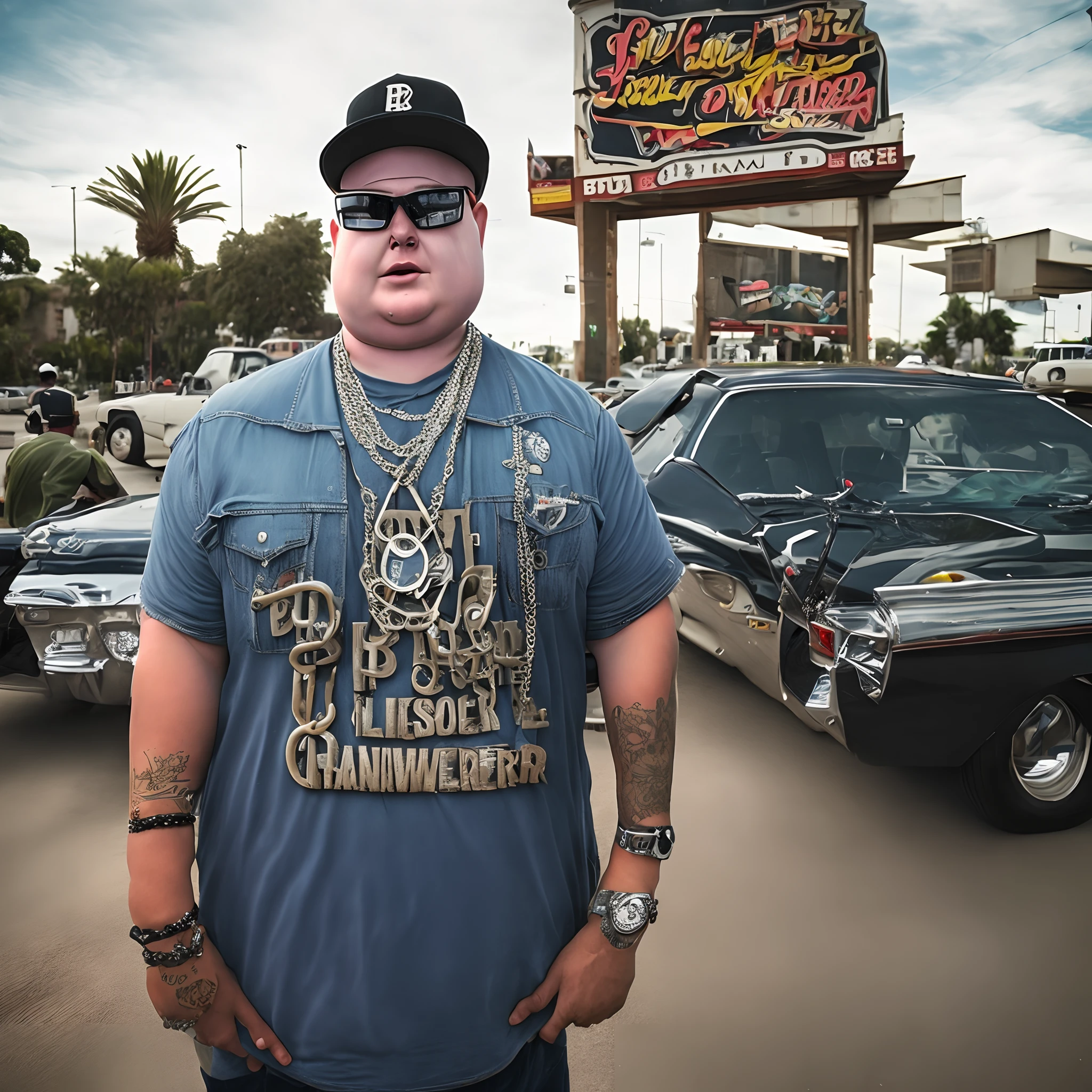 Bobby hill gangster, king of the hill, iced out chain with letter b,o,b,b,y in order, in front of lowrider