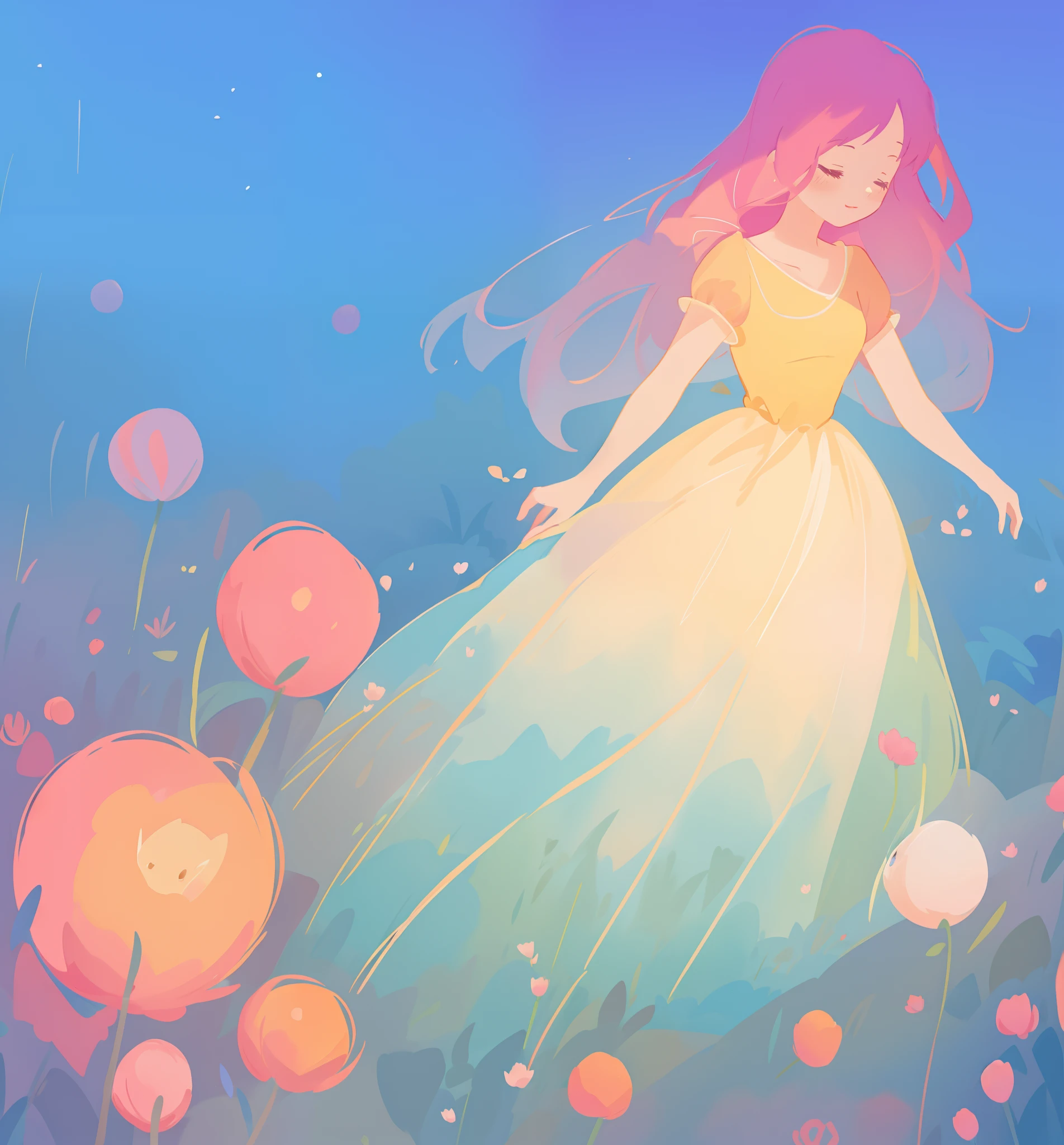 beautiful girl in puffy gradient ballgown, a field with round puffball pink flowers, otherworldly flowers, whimsical landscape, long pink flowing hair, watercolor illustration, inspired by Glen Keane, inspired by Lois van Baarle, disney art style, by Lois van Baarle, by Glen Keane, jen bartel, digital painting, beautiful digital illustration, fantasia otherworldly landscape plants flowers, beautiful, masterpiece, best quality, anime disney style