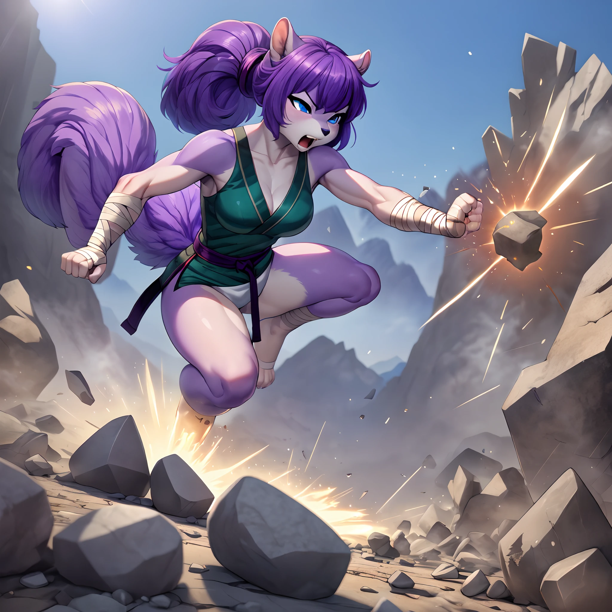 Solo:1.3, Kaori, purple squirrel girl, short purple hair in bun, short purple tail, blue eyes, barefoot, 4 toes, paws, wearing brown and white skimpy martial arts outfit, bandage wraps on hands, smashing through rocks, breaking rocks, rocks falling everywhere, angry face, mouth open, by gudlmok99, no background, cinematic, on a Rocky Mountain, earthquake:5, rocks breaking, earth elemental energy, jumping, close up, breaking through rocks