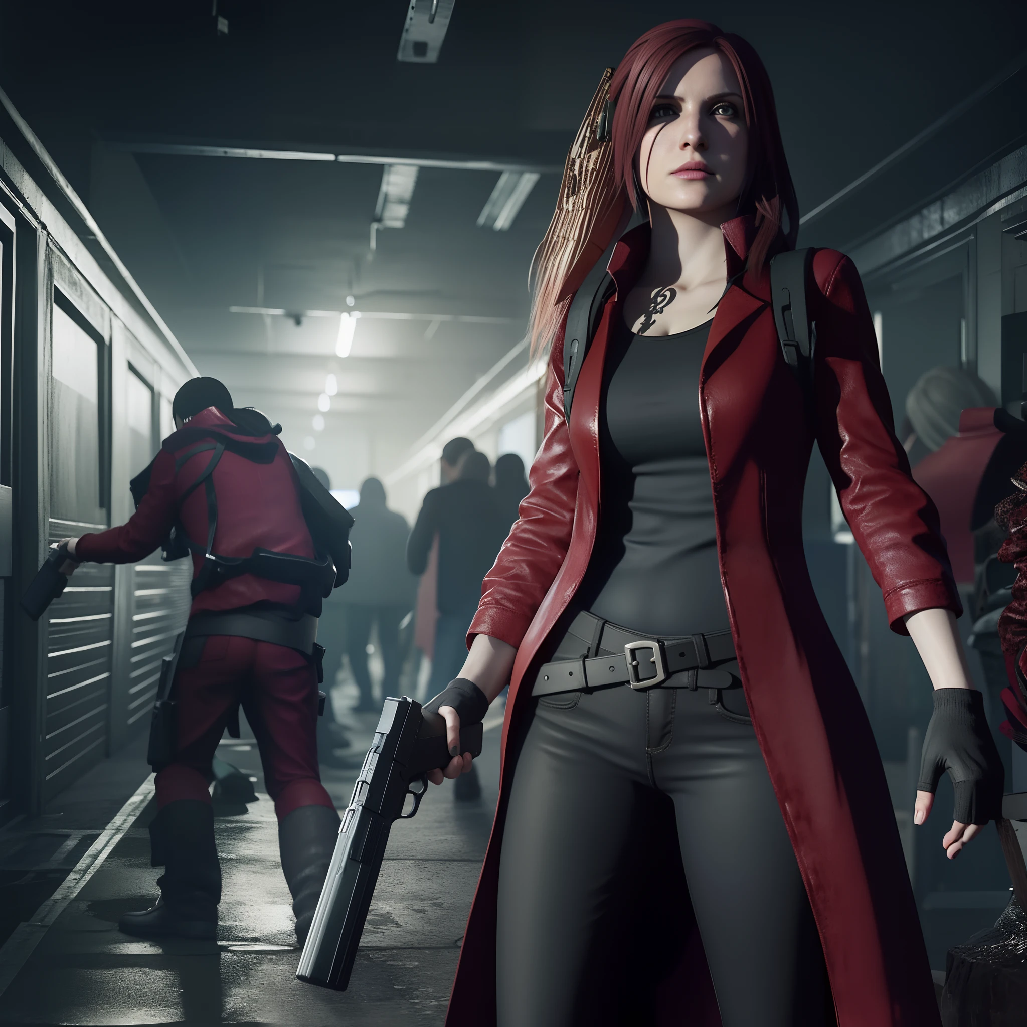 HD, Claire Redfield 40 years old, beautiful face, looking at viewer, very long red hair, perfect Face, black jeans, red long coat with black t-shirt, red nail polish, friendly face, glare, holding a gun