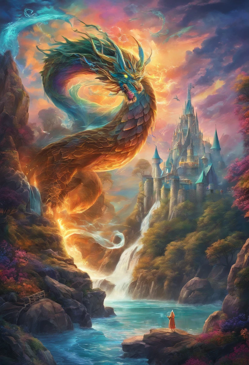 (best quality,highres:1.2),ultra-detailed,realistic,photorealistic:1.37,wizard surfing upon a serpent dragon,illustration,fantasy,spellbinding landscape,colorful palette,enchanted atmosphere,mystical lighting,flowing robes,magic staff,wind-swept hair,majestic serpent scales,rippling waves,breathtaking scenery,extraordinary power,hypnotic motion,adrenaline-filled excitement,thrilling adventure,ancient runes,shadowy forests,sparkling waterfalls,eerie mist,flying creatures,magical spells,castle in the distance,mysterious sorcery,seamless blending of wizard and dragon,majestic and graceful movement,awe-inspiring performance