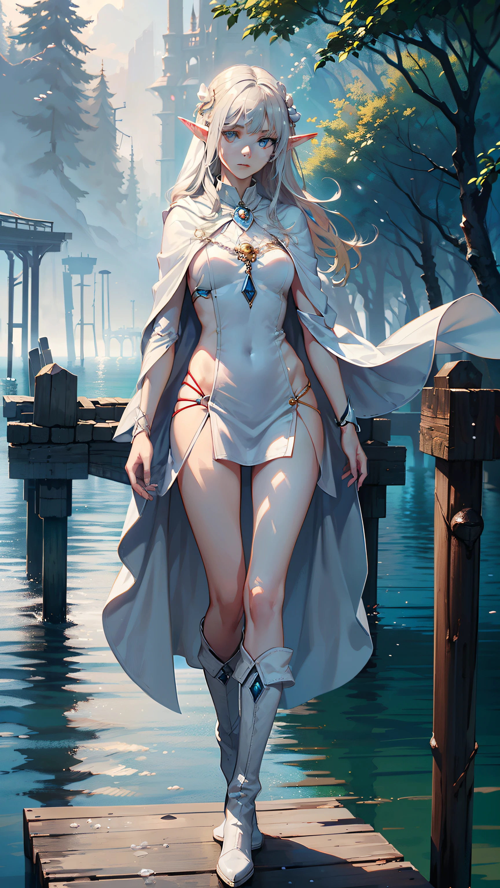 masterpiece, ultra detailed, 8K Portrait, Raw photo, a portrait photo of, Highly detailed face, beautiful and meticulous eyes, ((Fantasy)), Young beautiful, (((expressionless))), (((woman sorcerer))), ((elf)) tall, wavy long hair, gentle face, (((skin as white as pearl))), ((blond)), twig hair ornament, (((white silk long cloak))) Fluttering in the wind, (((blue gray wide collar tunic))), leather boots, (((((standing on the pier))))), ((equip a magic wand)), (((with the spirit of the water))), Midday Sun, Hyper realistic, Body model, Small breasts, Beautiful breasts, Long legs, river side in deep forest, Ambient lighting, Shadow details, Camera focus on face, strong breeze, Light fog