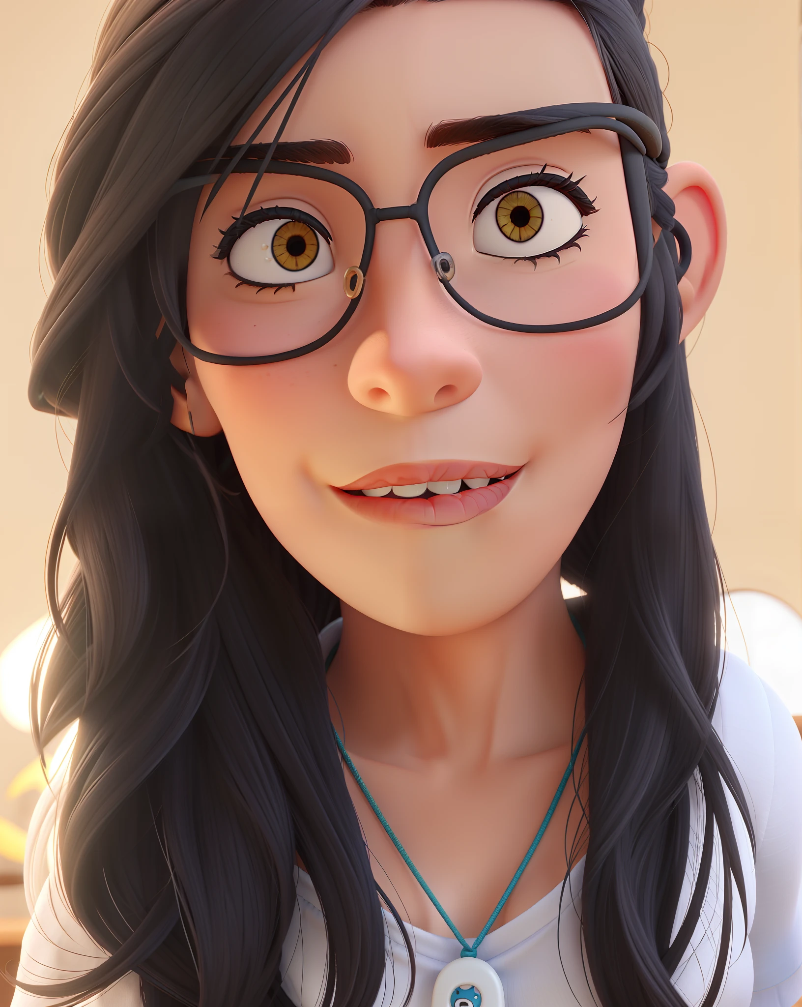 Uma mulher bonita, cabelos pretos, Small ears drawstring around the neck ,  estilo Pixar, imagem melhor qualidade