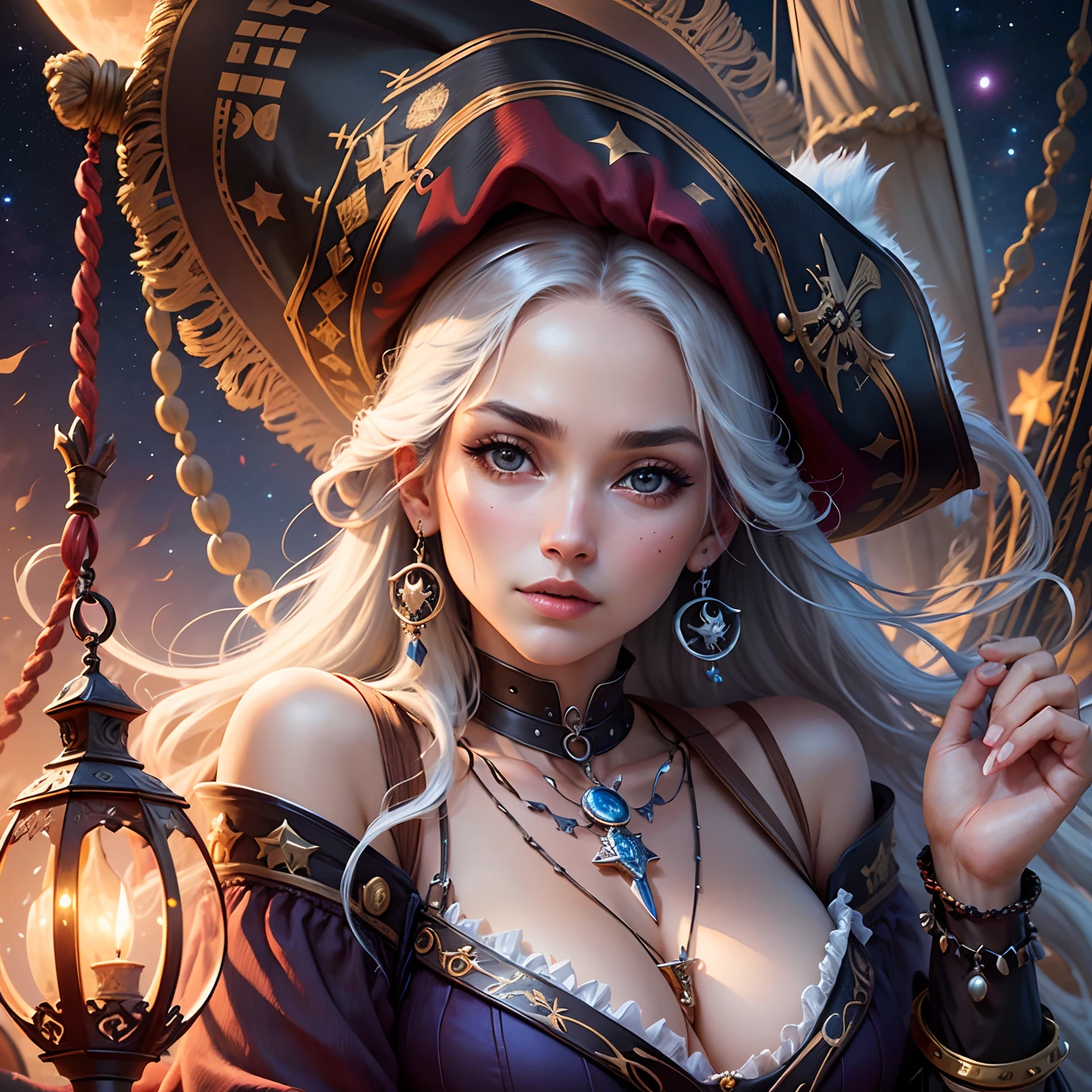 high quality, super realistic, pirate hat, a 20-year-old Pirate Maiden with a celestial beauty rivaling the stars, Picture her poised at the helm of a grand pirate ship, her silhouette defined against the shimmering night sky of a crimson moon, The vessel itself is a maritime masterpiece, adorned with intricate carvings, polished brass embellishments, and an array of mystical symbols, The Scarlet Moonlit Pirate dons a resplendent ensemble blending midnight blues with silvery hues, adorned with delicate lace and glistening gemstones, A star-like pendant gracefully hangs around her neck, emphasizing her bewitching aura, by yukisakura, high detailed, --auto --s2