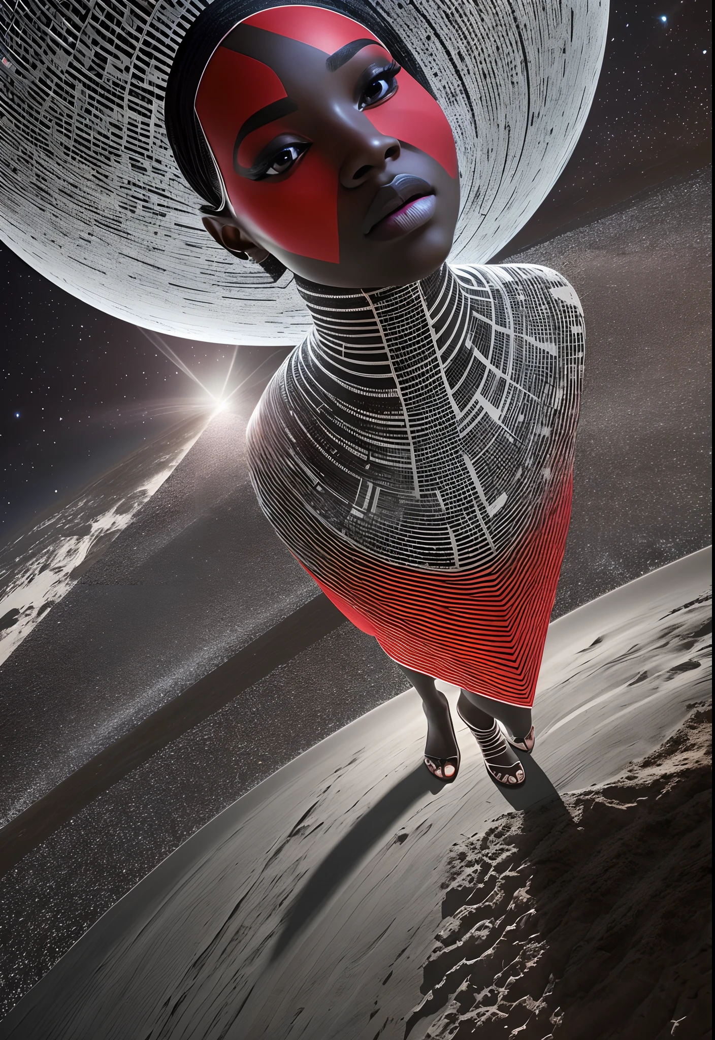 Aerial view angle shot of an AFRICAN woman dressed in african designed clothes, white spotlight shining on her, walks on a very dark path in between human shadows, human shadows trying to grab her but fail to reach her, surrealism art, fantasy art, red and white layers of colour in the background, giving a grey and white colour grading in the scene, colour grading reminiscent of interstellar movie by Christopher Nolan, night time with the moon close right next to them shining,  surreal image, Epic cinematic lighting, artgerm style, 32k, ultra HD, unreal engine rendered, hyper-realistic image, octane 3d rendering --auto --s2