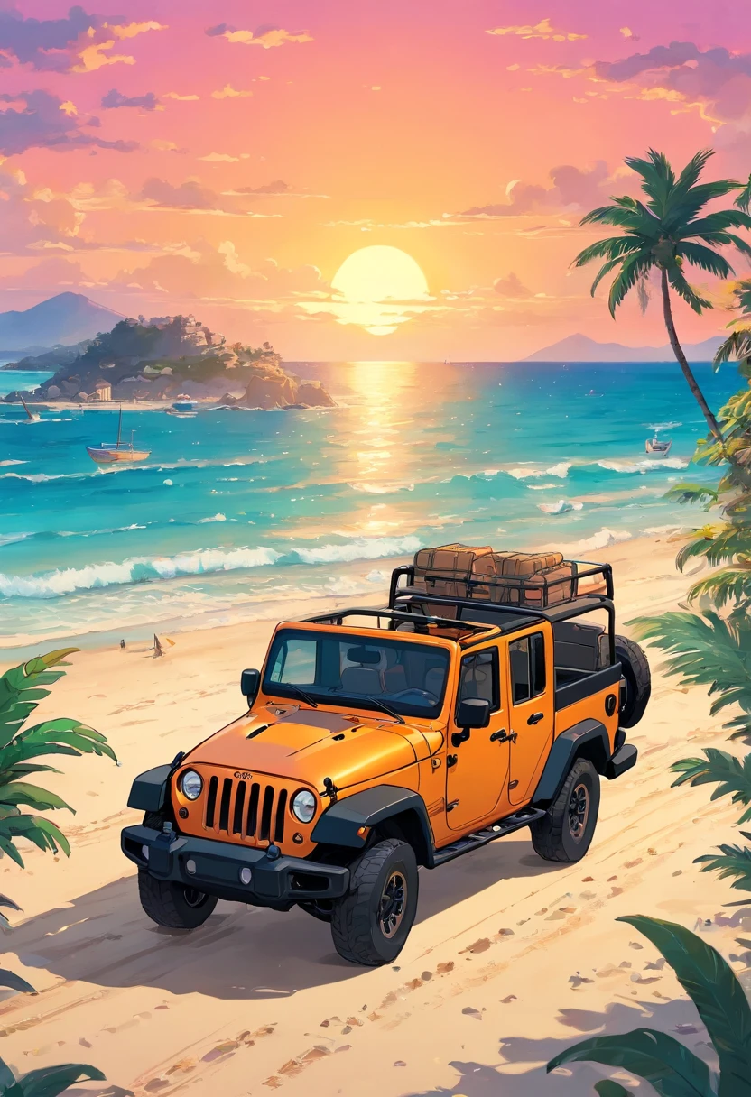 sticker design, Jeep Gladiator Gravity, Sunset background, palmeiras, 5 layers of color, Beach by the sea, Belek drums, wait