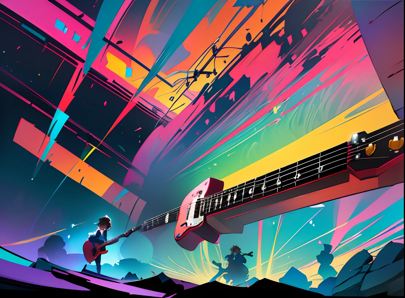 (vibrant colors, super colors, digital drawing style: 1.1), (pleasant atmosphere, fun: 1.1, fun, exciting), holding a guitar, (diffuse lighting), (rock concert, big show), (anime style: 1.1, hand-drawn, super detailed), (symmetry), (no anomalies) --auto --s2