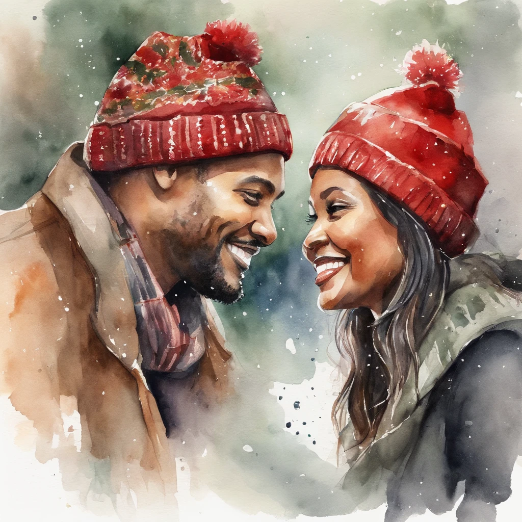 isolated watercolor illustration on a white background with margin, high detail, bright colors, red, green, shades of brown, gold, warm color tones, a beautiful black couple with red Christmas hats