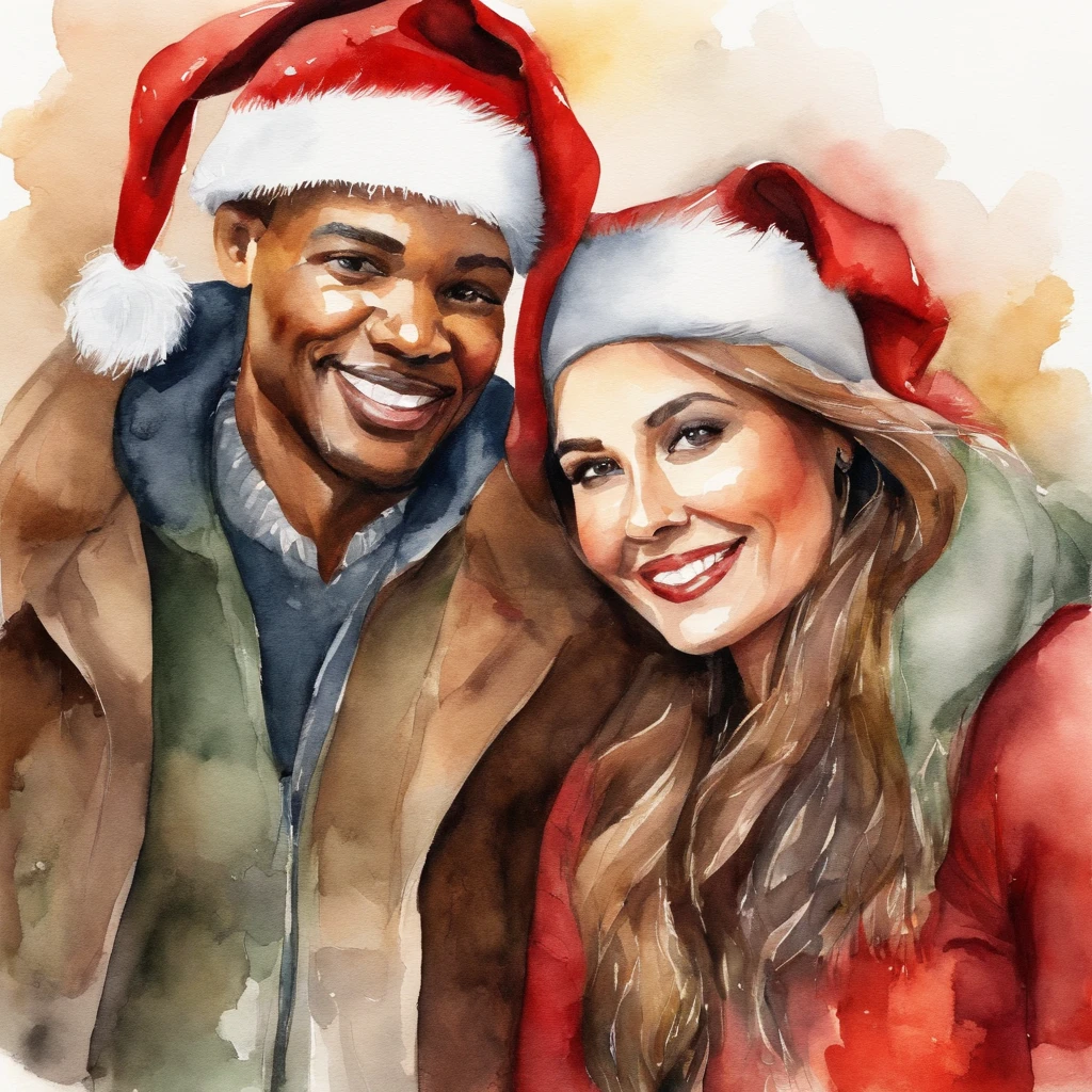 isolated watercolor illustration on a white background with margin, high detail, bright colors, red, green, shades of brown, gold, warm color tones, a beautiful black couple with red Christmas hats