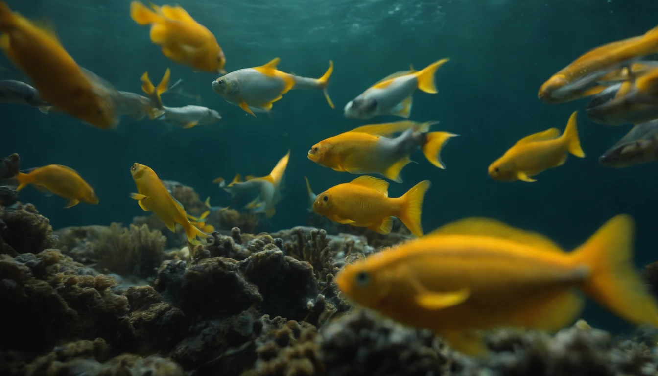 In the deep blue sea，A school of fish swims freely。
