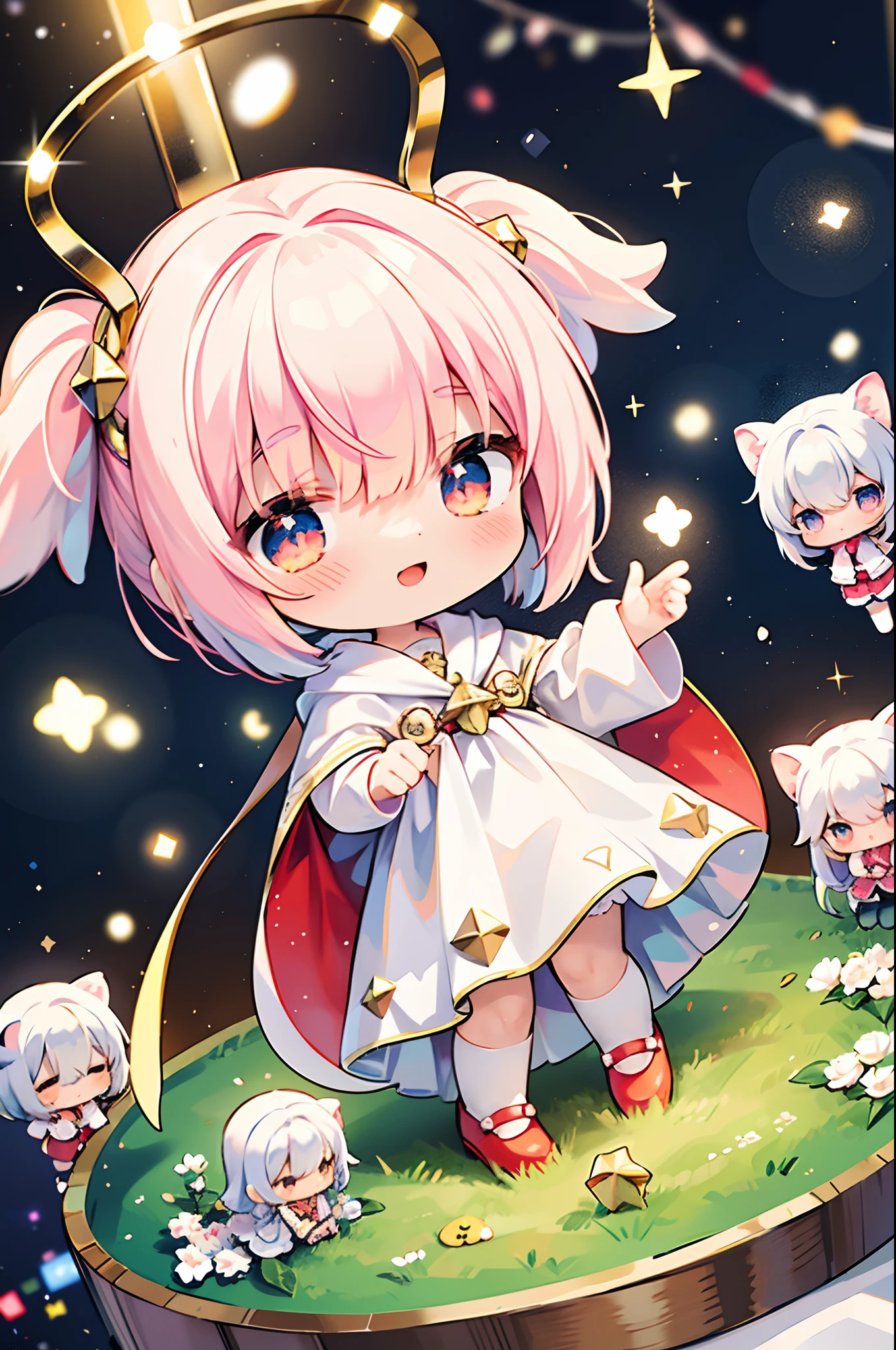 Place one small doll on a circular stand、The doll is made of crystal、A smile、Chibi Doll、Stars in the eyes(kirakira)、Raise your right hand、Eye Up、Laugh、Cute red shoes、Ultra Detail, radiant light、bio luminescent、Taken from the side、Stronger bokeh effect
