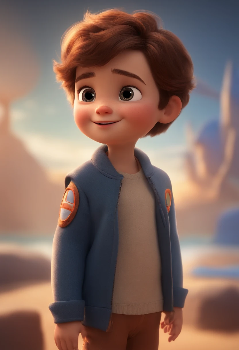 a happy cute  standing short hair, vestindo uma fantasia espacial, , fundo branco, barnet, tom, Estilo Pixar, ..3d, desenhos animados, rosto detalhado, asymmetrical 16k