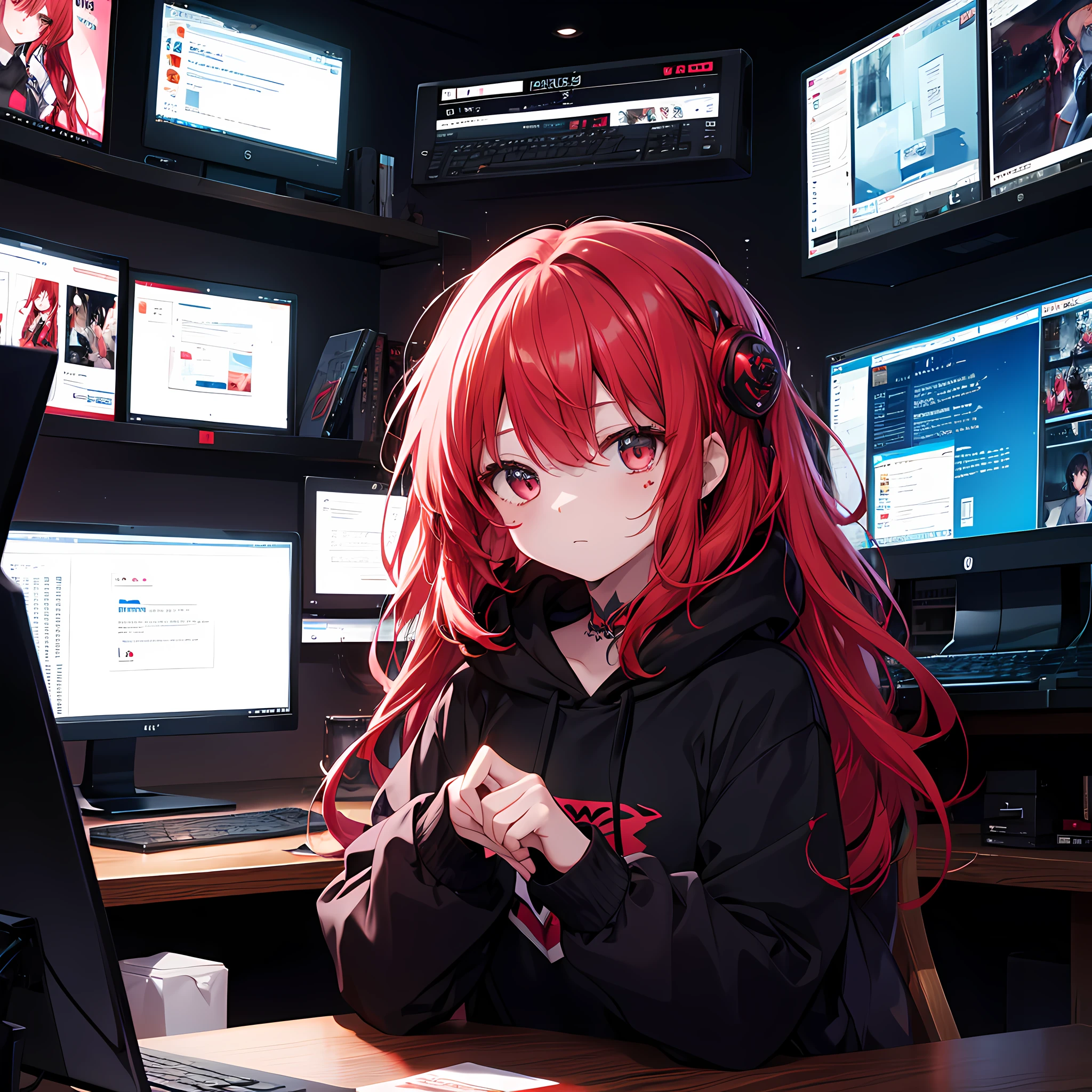 hiquality(1.4)、、Woman in a black hoodie、personal computers、Lots of monitors、Red hair color、Red tattoo、Dark indoor、Red light up、The table